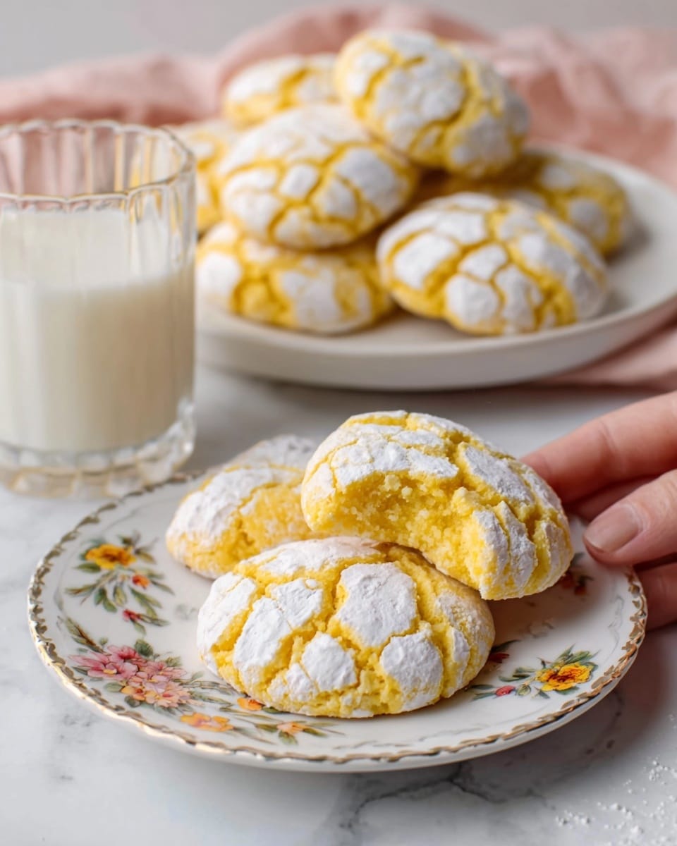 The image shows soft, round yellow cookies with a cracked white powdered sugar layer on top, arranged in two places: one on a white plate with small flower designs and one on a larger plain white plate behind it. There is a clear glass with white milk beside the plates on a white marbled surface. A woman's hand is gently holding one cookie on the smaller plate. The overall colors are warm yellow and white with a soft texture on the cookies, and the setting feels cozy and bright. photo taken with an iphone --ar 4:5 --v 7