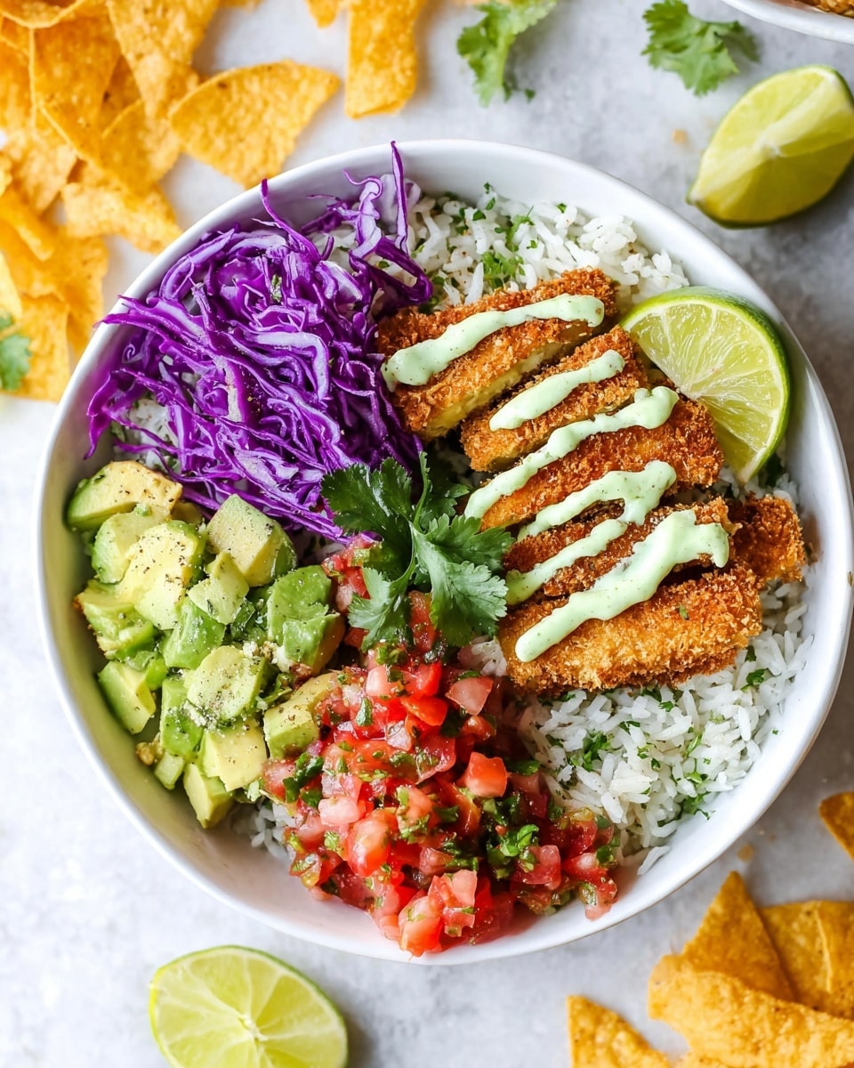 The dish is served in a white bowl on a white marbled surface, showing a colorful mix of layers. On one side, there is a layer of white rice mixed with green herbs. Next to it are chunks of bright green avocado. Beside the avocado is a portion of finely sliced purple cabbage. At the center, several golden brown crispy strips are stacked, drizzled with a light green creamy sauce. Next to the strips, there is a fresh, bright red tomato salsa with bits of white onion and green cilantro. A small bunch of whole green cilantro leaves is placed near the tomato salsa, and a wedge of lime rests on top of the rice. Around the bowl, some rustic yellow tortilla chips and lime wedges are scattered. Photo taken with an iphone --ar 4:5 --v 7