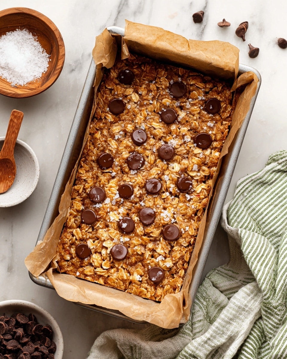 A rectangular oatmeal bar is shown inside a metal baking pan lined with light brown parchment paper that wraps above the edges. The top layer is golden brown with visible oats mixed throughout and scattered large dark brown chocolate chips that slightly melt into the surface. Light white flakes of salt are sprinkled unevenly across the top. The pan is placed on a white marbled surface with some loose chocolate chips near the top. To the left, a small round wooden bowl holds coarse white salt with a small wooden spoon resting inside. A white bowl with some extra chocolate chips is partly visible at the bottom left corner. On the right side, a green and white striped cloth is folded casually near the baking pan. photo taken with an iphone --ar 4:5 --v 7