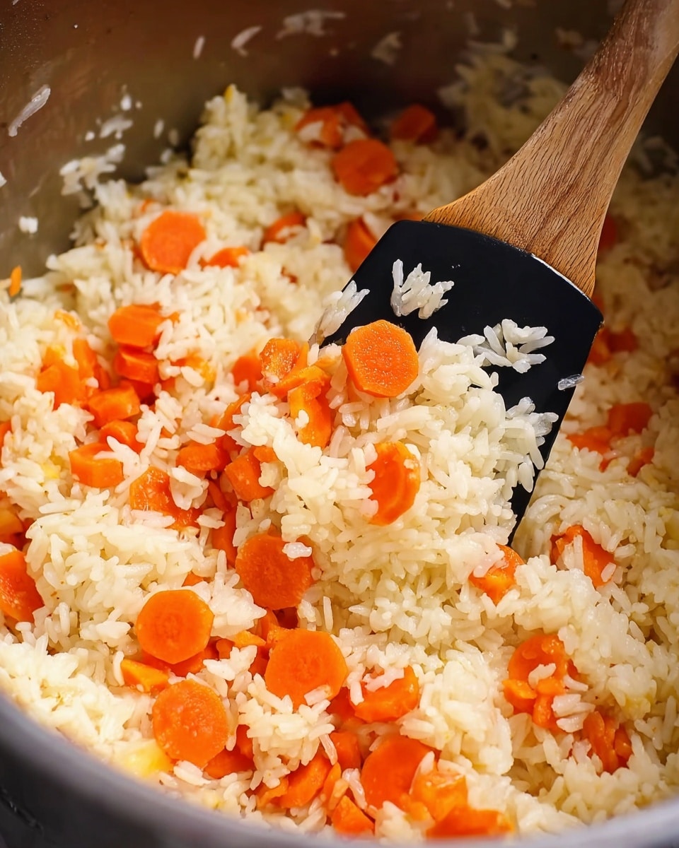 The image shows a close-up of cooked rice mixed with small round slices of cooked carrots inside a silver pot. The rice grains are white and soft looking, while the bright orange carrot slices are evenly spread throughout the rice. A black spatula with a wooden handle is scooping some of the rice and carrot mix, showing texture details of the rice grains and sliced carrots clinging lightly to the spatula. The background is the shiny silver metal of the pot. The focus is on the fresh, colorful rice and carrot mixture with visible steam or light shine on the food. Photo taken with an iphone --ar 4:5 --v 7
