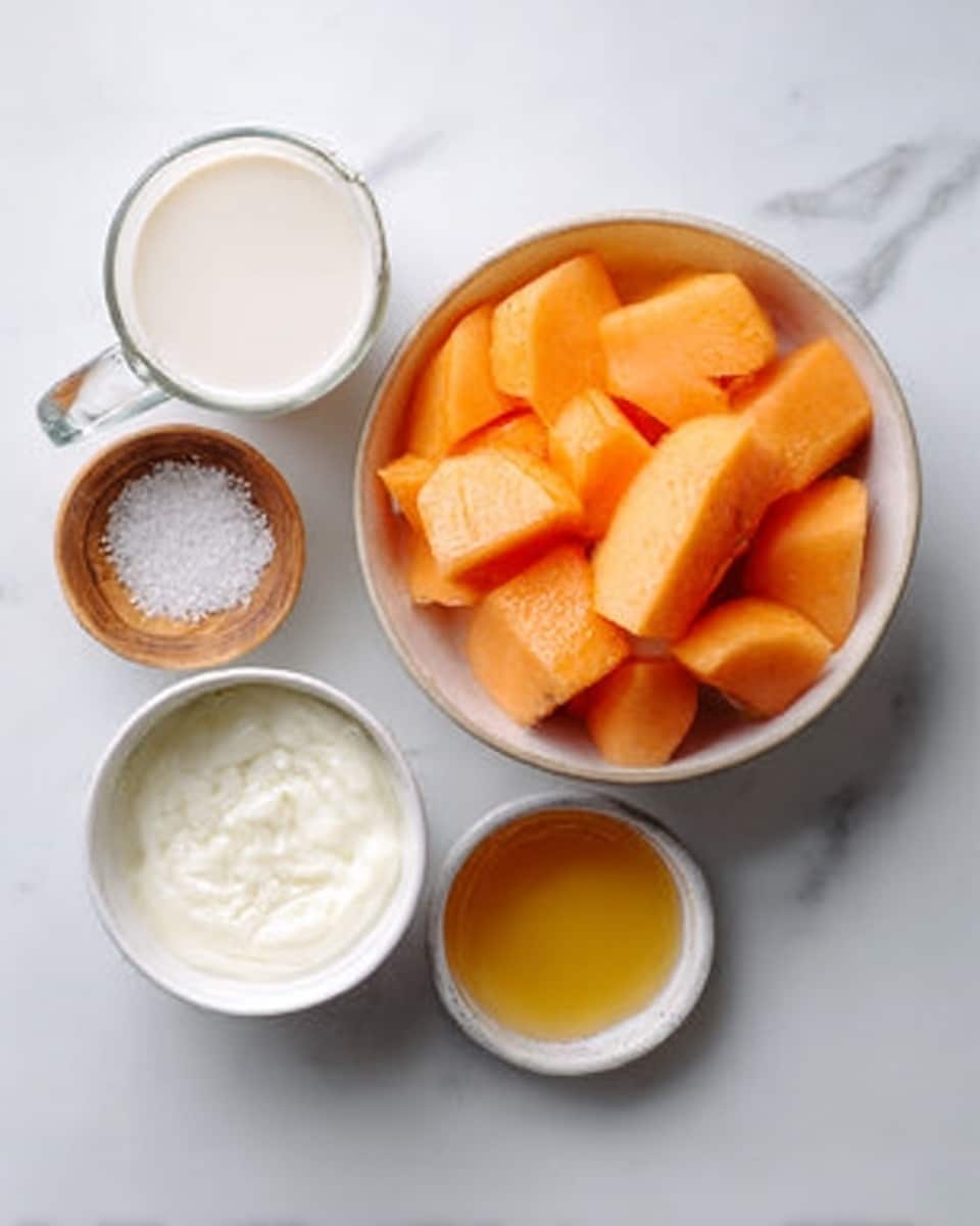 A white bowl full of bright orange cantaloupe melon pieces sits at the top right on a white marbled surface. To its left are four small containers: the top one holds a glass cup of white milk, below it is a tiny wooden bowl with coarse white salt, to the bottom left is a white bowl of thick cream, and on the bottom right is a small white bowl with golden honey. The arrangement is neat and simple, with soft natural light. photo taken with an iphone --ar 4:5 --v 7