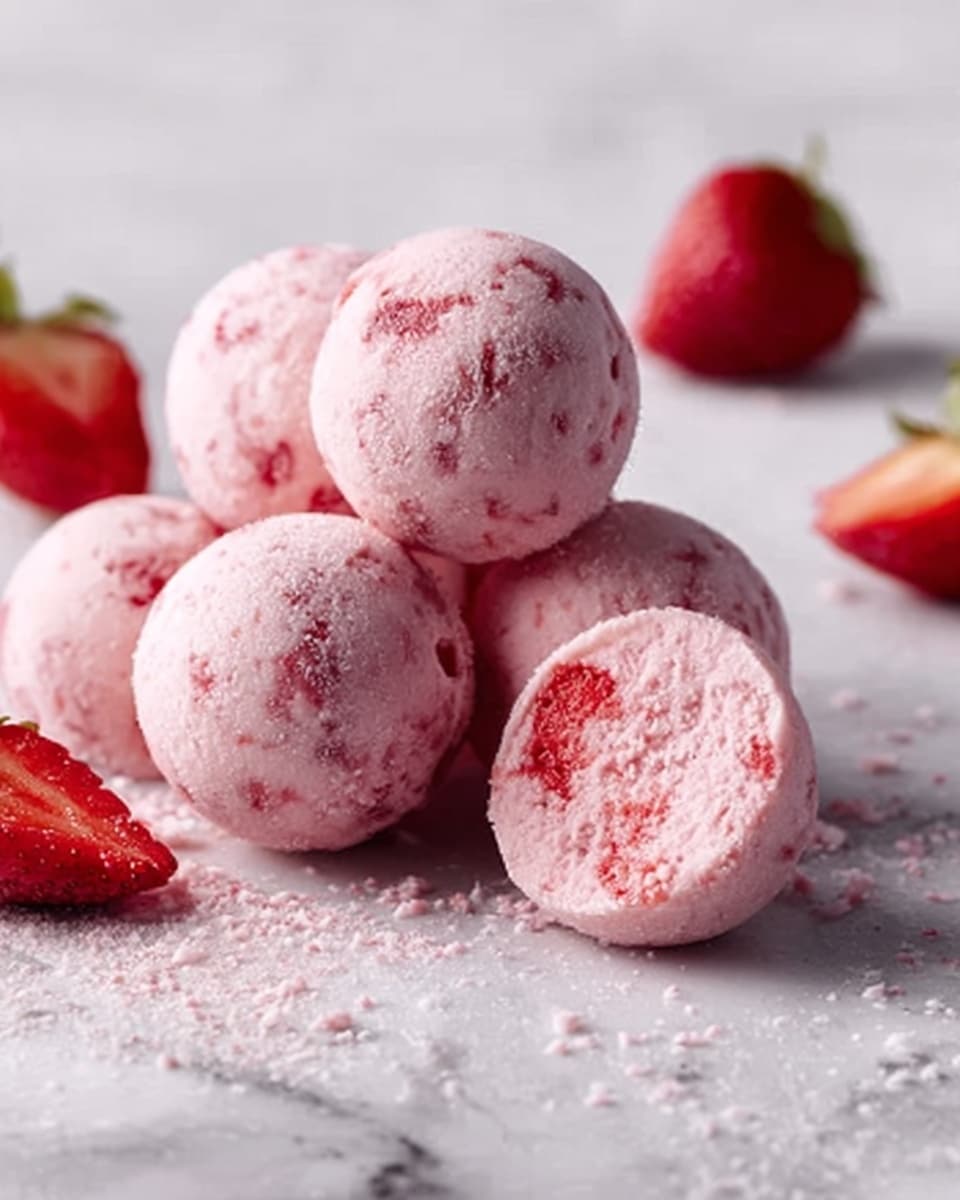 The image shows a small pile of pink strawberry ice cream balls on a white marbled surface. The ice cream balls have a smooth texture with small bits of strawberry visible inside, making them look creamy and fresh. One ice cream ball is broken in half, showing a soft inside with bright red strawberry pieces. Around the ice cream balls, there are a few whole strawberries scattered, adding a fresh and colorful touch. The light pink and red colors of the ice cream and strawberries contrast nicely with the white marbled background, creating a bright and inviting scene. photo taken with an iphone --ar 4:5 --v 7