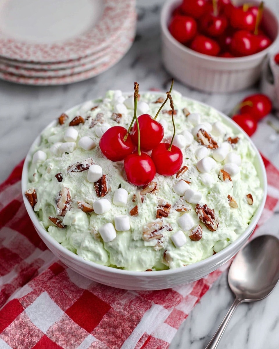 A bowl with a creamy light green textured salad that looks fluffy and thick fills most of the bowl. The salad is sprinkled with small white marshmallows and brown nut pieces spread all over. On top in the center, there is a small cluster of bright red cherries with stems. The bowl is white and sits on a white marbled surface with a red and white checkered cloth partially underneath. Around the bowl, there is a silver spoon on the right and bowls with more red cherries and white plates in the background. photo taken with an iphone --ar 4:5 --v 7