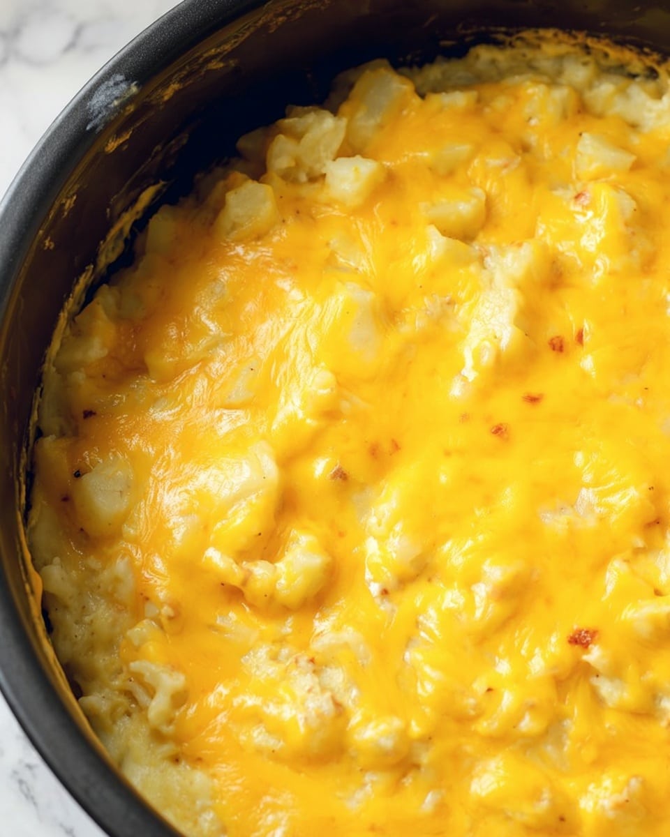 This image shows a close-up view of a cheesy potato dish in a black cooking pot. The dish has two visible layers: the base layer consists of small, soft, pale yellow potato pieces, and the top layer is smooth melted bright yellow cheese spread evenly all over the potatoes with some slightly darker baked spots near the edges. The cheese has a glossy texture, and the potatoes peek through in small patches. The inside edge of the pot is visible with some melted cheese touching it. The background is a white marbled texture. photo taken with an iphone --ar 4:5 --v 7