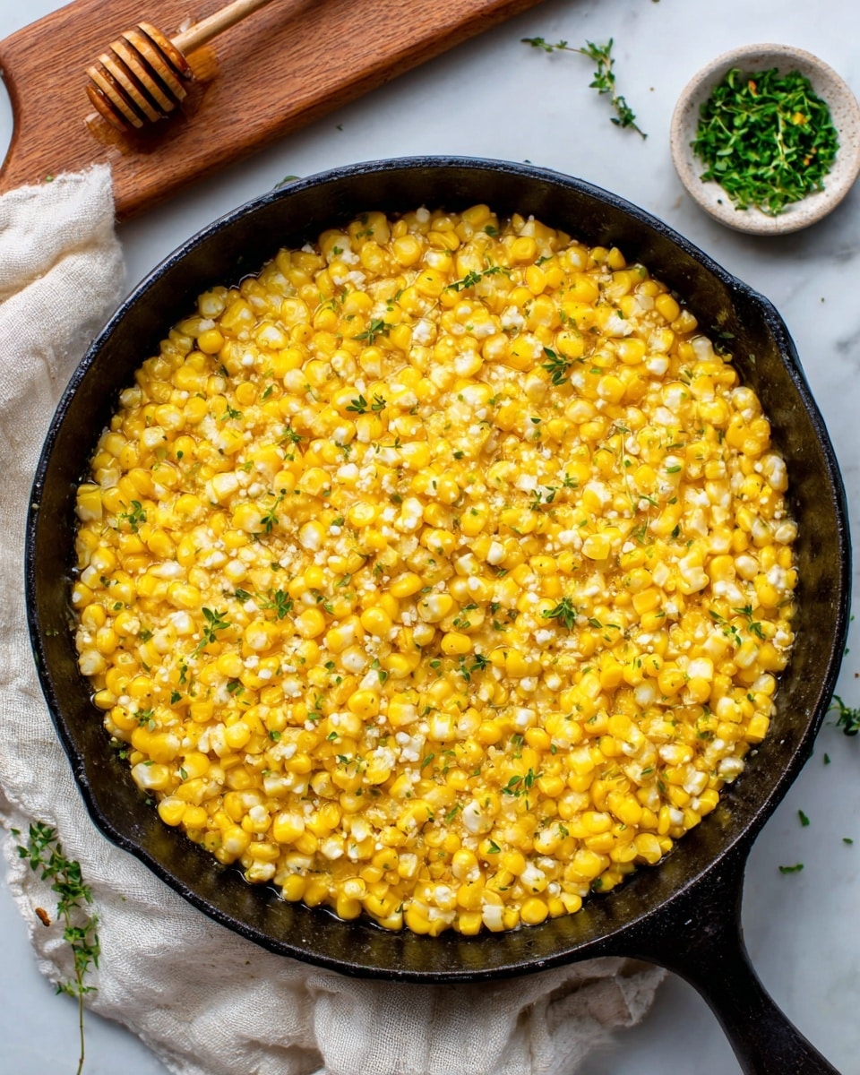 The image shows a black cast iron pan filled with a thick layer of cooked yellow corn mixed with small white grains, likely cheese or a similar ingredient, evenly spread across the pan. The corn mixture is slightly textured with some golden brown spots indicating light roasting or cooking. Small green herbs are sprinkled on top, adding a fresh touch of color. The pan rests on a white marbled surface, and nearby there is a white cloth napkin, a wooden honey dipper, and a small white bowl with green chopped herbs. The overall look is warm and appetizing, focused on the bright yellow and white mix inside the pan. photo taken with an iphone --ar 4:5 --v 7