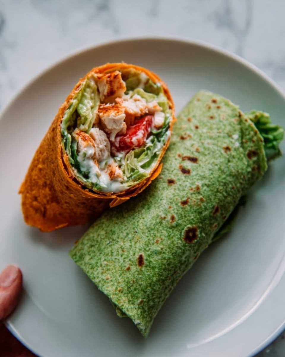 The image shows two rolled wraps placed side by side on a white plate. The left wrap is orange with a smooth texture and is cut in half to reveal its filling, which includes white chicken pieces, shredded light green lettuce, bits of red tomato, and a creamy white sauce. The right wrap is fully rolled and green, with small darker green spots giving it a textured look. The plate sits on a white marbled surface. A woman's hand is holding the plate from the left side. Photo taken with an iphone --ar 4:5 --v 7
