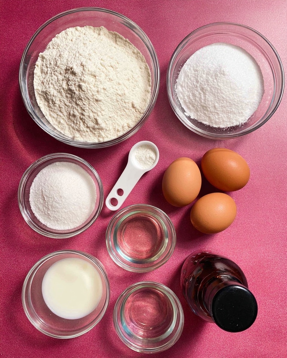 The image shows several clear glass bowls and containers placed on a bright pink surface. From the top left going clockwise, there is a large bowl filled with white flour, next to it a medium bowl filled with white granulated sugar. Below the sugar bowl are four brown eggs grouped together. To the left of the eggs is a small white measuring spoon filled with white powder, likely baking powder or salt. Below the flour bowl is a small bowl with a clear liquid, probably oil, and next to it another small bowl with a clear liquid that looks like water. At the bottom left, there is a small bowl holding a white liquid, possibly milk. In the bottom center, a dark brown bottle with a black cap is also visible. The items are arranged neatly with good lighting and clarity. photo taken with an iphone --ar 4:5 --v 7