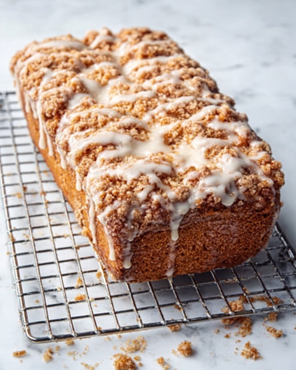 A loaf of cinnamon streusel bread sits on a metal cooling rack over a white marbled surface. The bread has a rough, crumbly texture with a golden-brown top covered unevenly in a shiny white glaze that drips slightly down the sides. Small crumbs are scattered around the rack, hinting at the bread’s crunchy crust. photo taken with an iphone --ar 4:5 --v 7