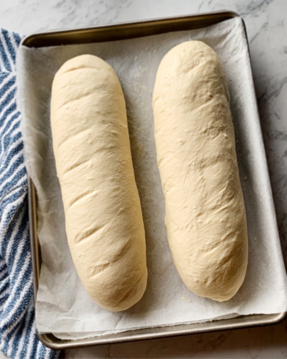 The image shows two long, smooth dough loaves placed side by side on a white tray lined with parchment paper. The dough is pale cream in color with a soft, slightly shiny surface, and each loaf has a few gentle slashes across the top. The tray is on a white marbled countertop next to a white and blue striped cloth. Photo taken with an iphone --ar 4:5 --v 7