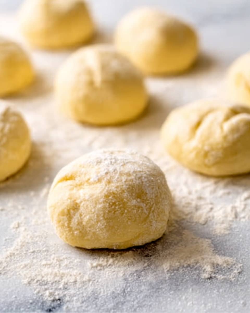 The image shows several small, round dough balls placed on a white marbled surface dusted with flour. Each dough ball has a soft, smooth texture with slight folds and a little dimple on top. The dough appears pale yellow, indicating a fresh, uncooked state. The dough balls are spaced evenly, arranged in rows that extend into the blurry background. The lighting is soft and natural, highlighting the powdery flour around the dough. Photo taken with an iphone --ar 4:5 --v 7