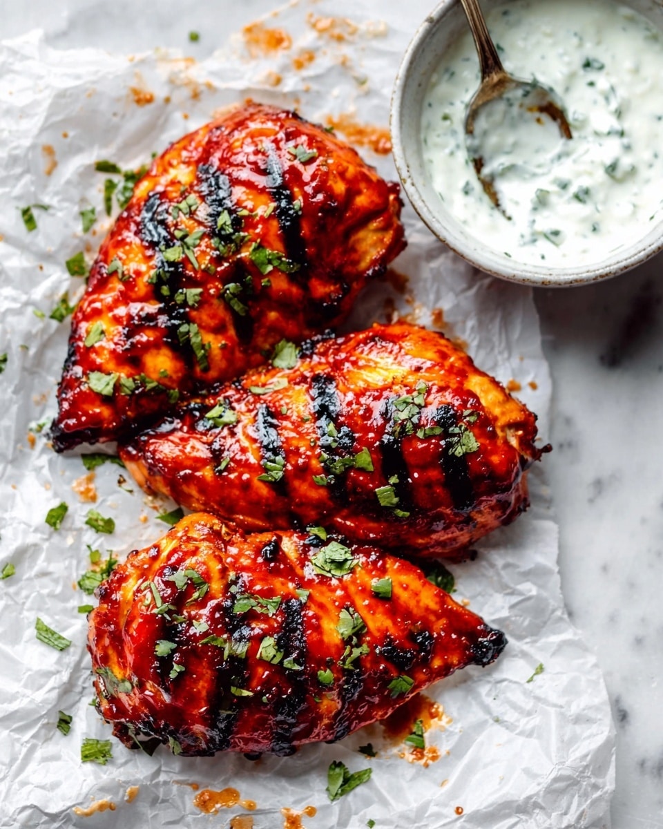 The image shows three pieces of grilled chicken with a shiny, reddish glaze on top. Each chicken piece is placed side by side on crumpled white paper, which sits on a white marbled surface. The glaze is bright red and sticky, with small green herbs sprinkled on top of each chicken piece, adding a fresh color contrast. A white bowl filled with a creamy white sauce with green herb bits is to the top right of the chicken, with a spoon resting next to it, also on the white marbled surface. A woman's hand is reaching with a spoon near the sauce, suggesting serving or dipping. photo taken with an iphone --ar 4:5 --v 7