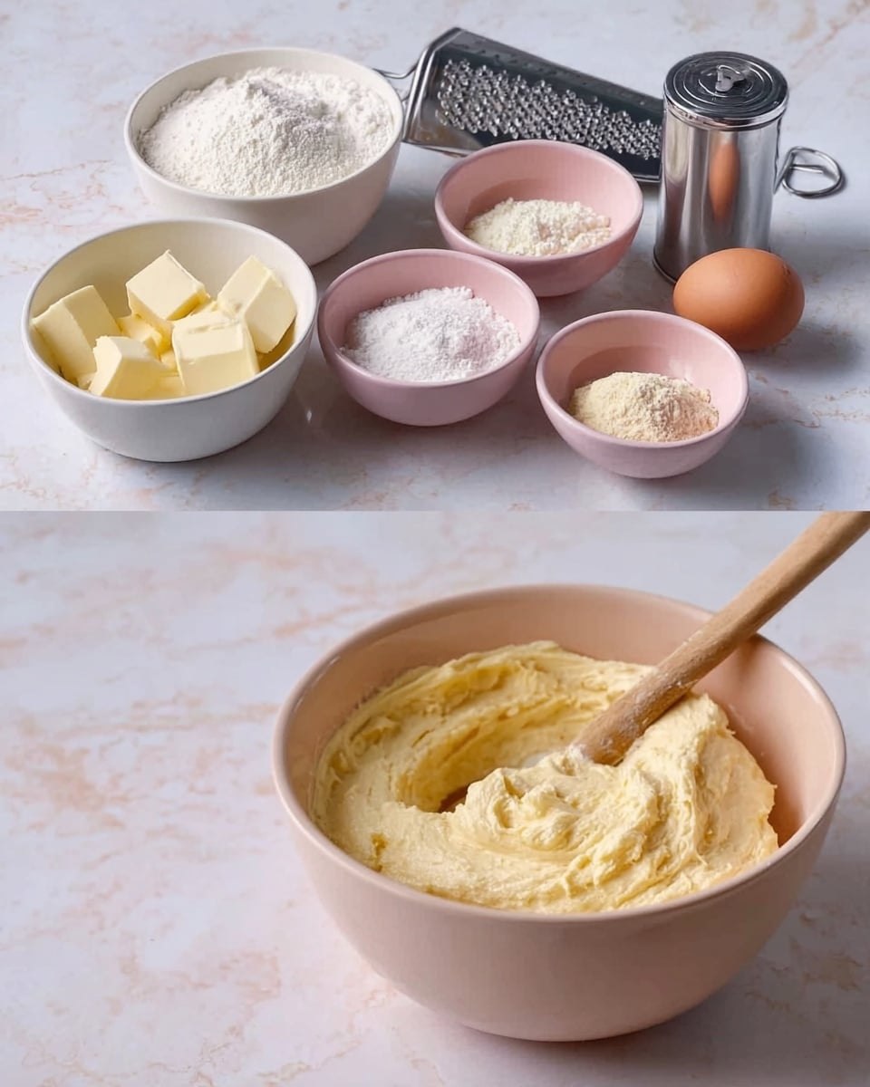 The left side of the image shows several small white bowls and one small pink bowl on a white marbled surface, each filled with ingredients like butter cubes, a whole brown egg, and different powders in shades of white and light beige; a silver can and a black grater are also placed behind the bowls. The right side shows a pale pink bowl with a wooden spoon inside, holding a thick, pale yellow mixture with a soft, creamy texture. The background matches the white marbled surface. photo taken with an iphone --ar 4:5 --v 7
