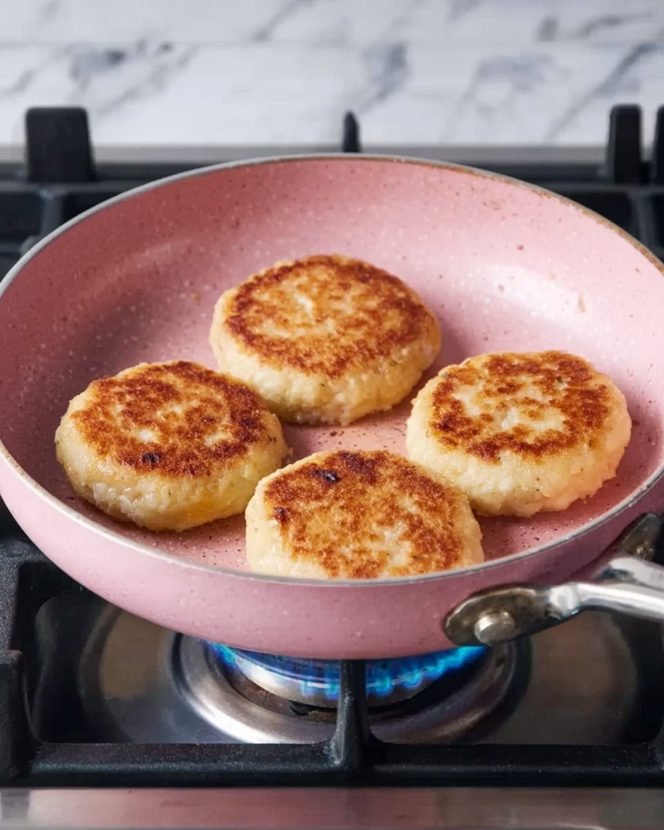 Five round, golden-brown patties with a slightly crispy texture are cooking in a pink frying pan over a gas stove with visible blue flames. The patties are evenly spaced in a single layer, showing a light, golden crust on the top side. The frying pan has a smooth, pink interior and a shiny surface, with a metal handle attached by two rivets. The background and surface beneath the stove show a white marbled texture. photo taken with an iphone --ar 4:5 --v 7