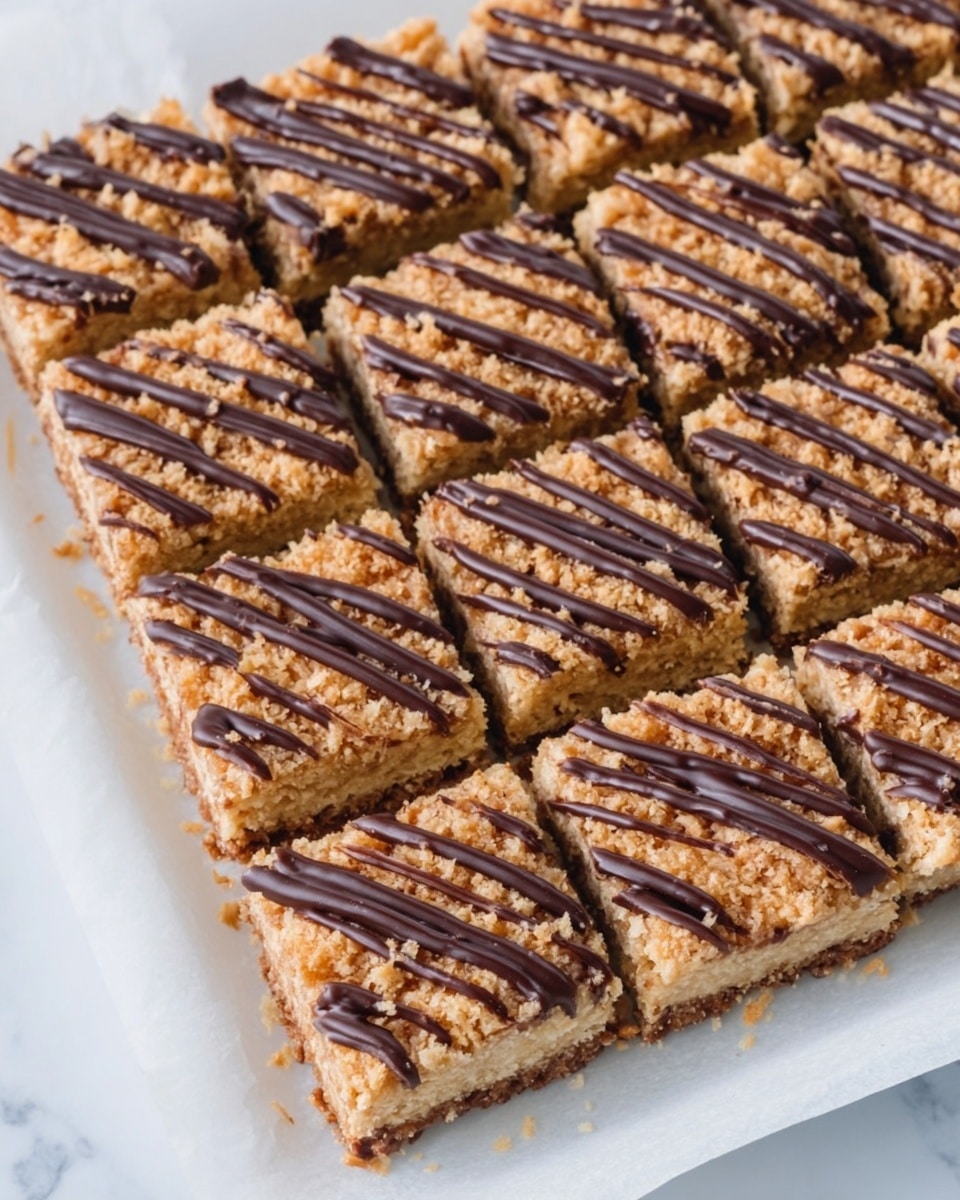 The image shows a white rectangular tray filled with rows of rectangular bars topped with a crumbly, light brown layer. Each bar is decorated with thin, even diagonal lines of dark chocolate across the top, creating a neat striped pattern. The crumb layer looks crunchy and textured, with small bits visible on the sides. The bars are arranged close together, neatly filling the tray placed on a white marbled surface. Photo taken with an iphone --ar 4:5 --v 7