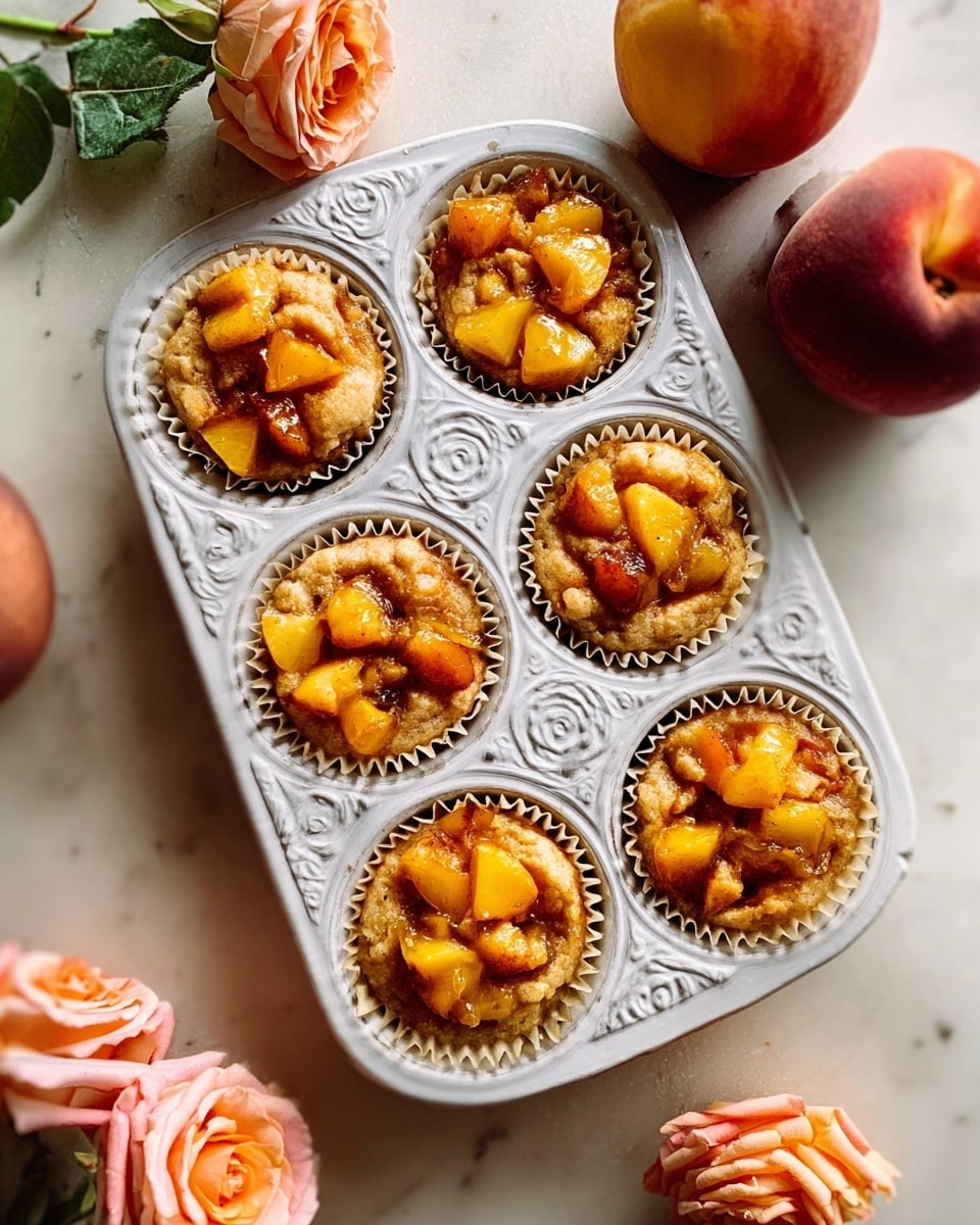 A white muffin tray holds six cup-shaped pastries filled with golden-brown baked fruit pieces that look juicy and soft. The fruit filling has a mix of yellow and light orange colors, with small chunks layered inside each pastry. The tray sits on a white marbled surface. Around the tray, there are soft peach-colored roses on the left side and a ripe peach on the top right corner. The light is warm and natural, showing a cozy, fresh baking moment. Photo taken with an iphone --ar 4:5 --v 7