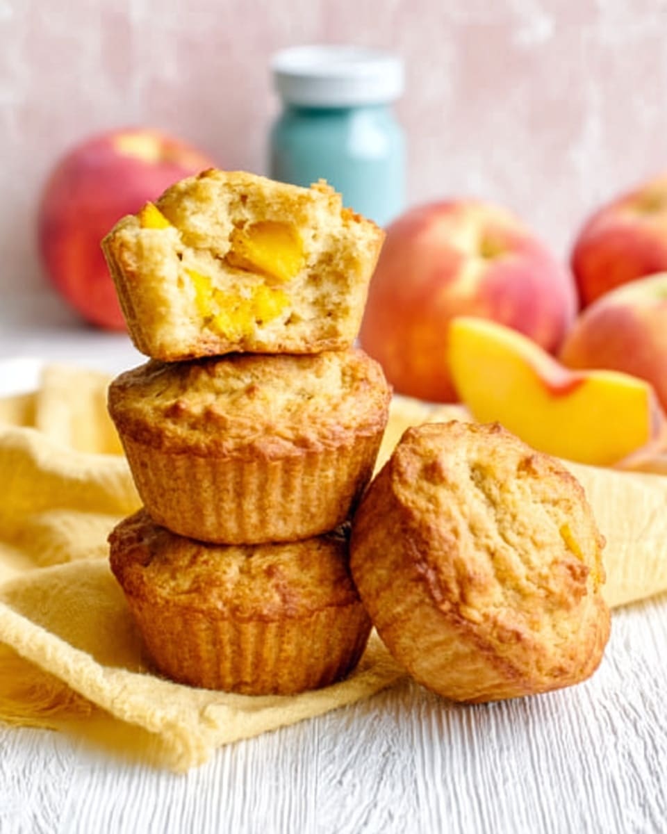 The image shows three golden brown muffins stacked on top of each other on a white wooden surface with a white marbled texture background. The top muffin is broken open, revealing a soft, yellow inside with small chunks of fruit, probably peach or mango. Behind the muffins, there are two whole apples with a pinkish-yellow skin and a small blue bottle with a white cap. A yellow cloth is partially wrapped around the base of the muffins. The lighting is soft and natural, making the muffins look warm and fresh. Photo taken with an iphone --ar 4:5 --v 7