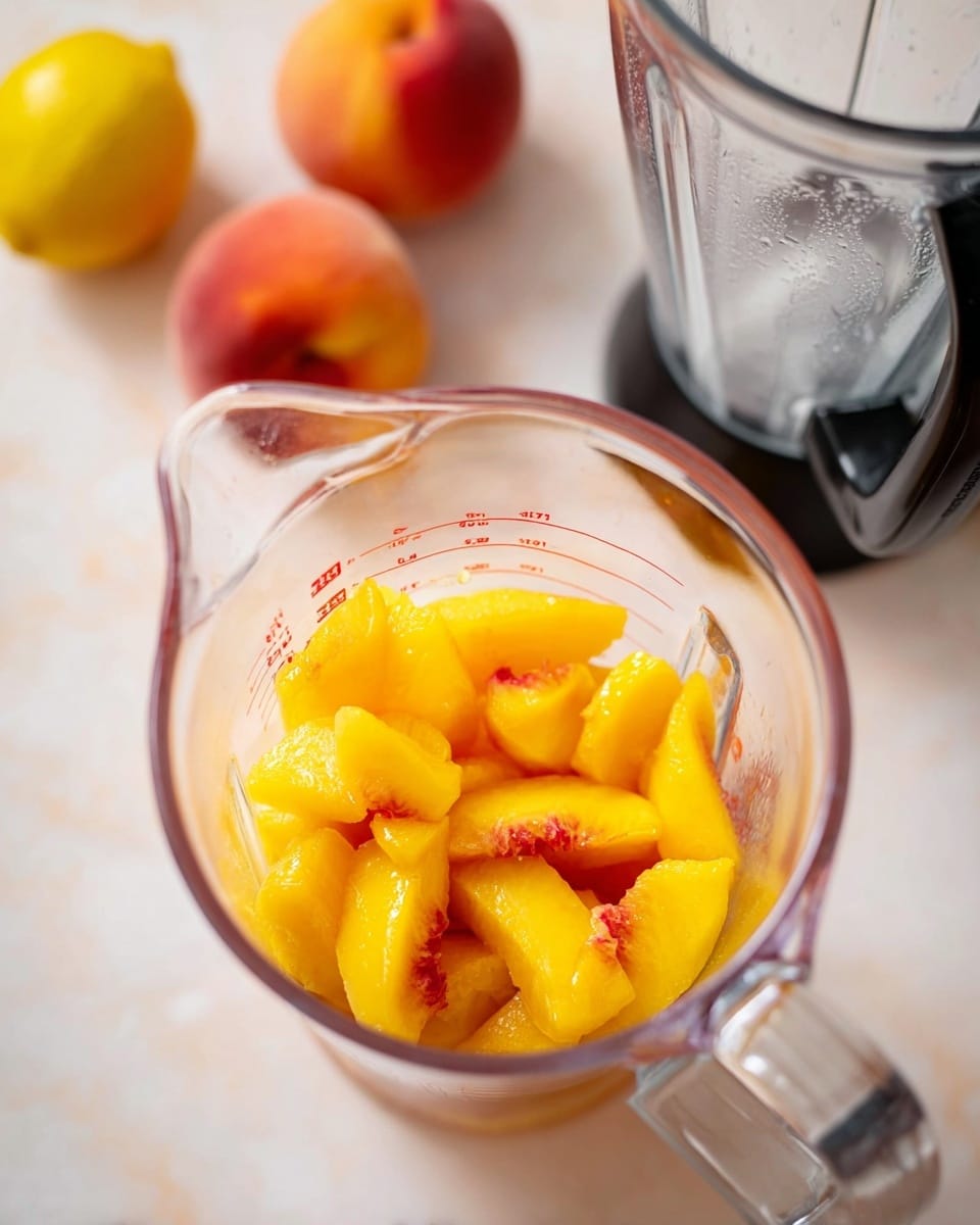 A clear glass measuring cup filled with bright yellow-orange frozen peach slices with some red parts, placed in the lower center of the image on a white marbled surface; in the top right, there is a transparent blender jar with a black handle, and to the left side of the image, there are three whole peaches and one whole lemon blurred in the background. Photo taken with an iphone --ar 4:5 --v 7