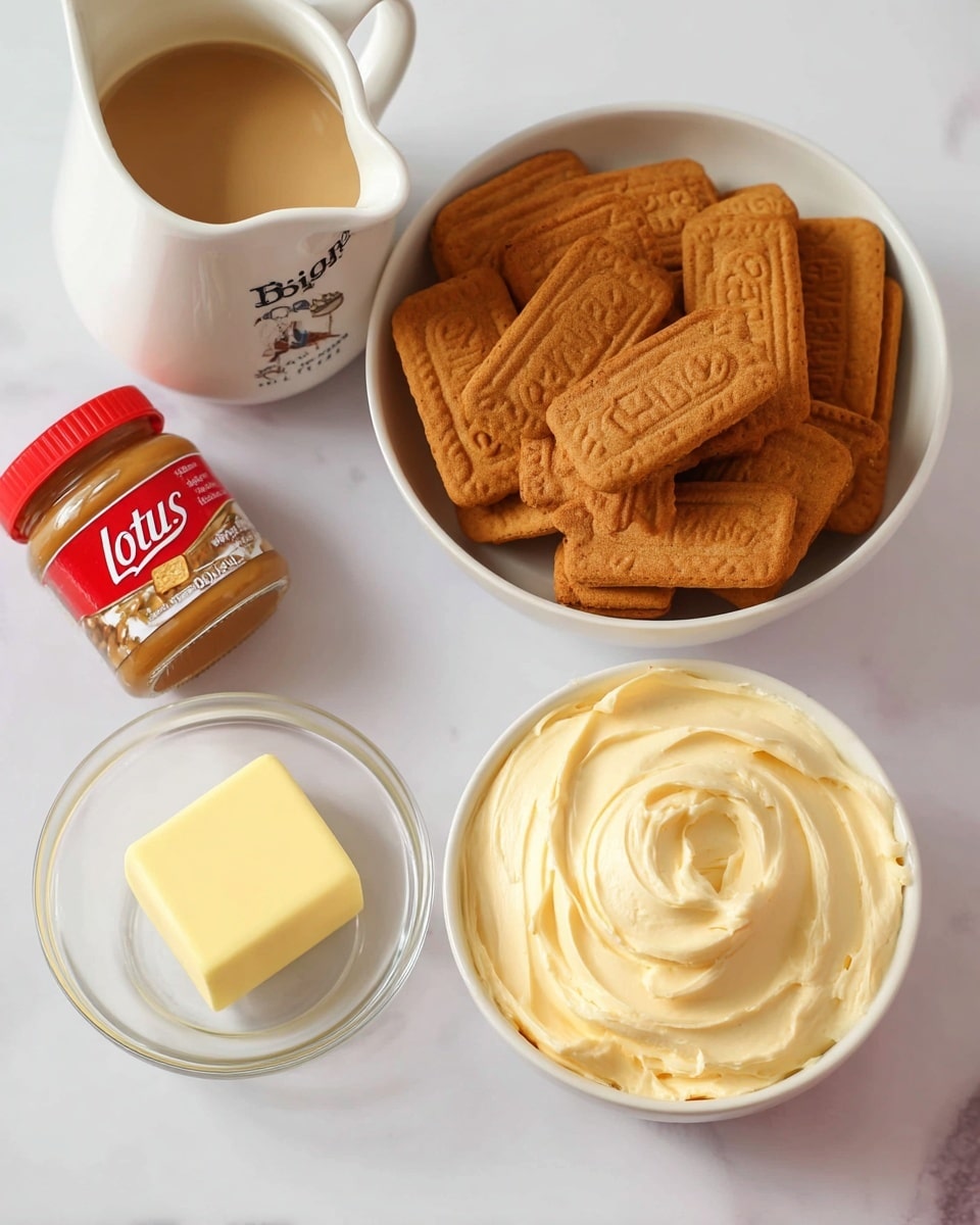 The image shows a white bowl filled with golden brown rectangular Lotus biscuits layered closely together. Next to it is a smaller white bowl filled with smooth, creamy white spread with soft peaks. Above the bowl of biscuits is a white ceramic jug with black text holding a light beige liquid inside. To the side there is a clear round glass bowl with a solid square of pale yellow butter. A jar of Lotus Biscoff spread with a red lid and label sits beside the bowls on a white marbled surface. Photo taken with an iphone --ar 4:5 --v 7
