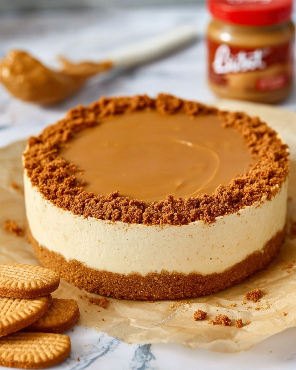 The image shows a three-layered round dessert on a piece of brown parchment paper over a white marbled surface. The bottom layer is a thick, dense golden-brown crust made from crushed biscuits. The middle layer is thick, smooth, and creamy with a pale beige color. The top layer is a smooth caramel-colored surface in the center, surrounded by a ring of crumbly darker brown biscuit crumbs along the edge. Several loose biscuits and a jar of biscuit spread are placed near the dessert in the background, with the overall lighting bright and natural. Photo taken with an iphone --ar 4:5 --v 7