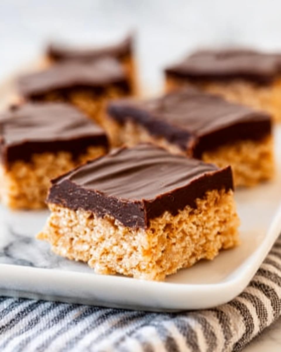 The image shows square dessert bars arranged in a row on a white plate. Each bar has two layers: the bottom layer is a light golden color with a textured, crispy appearance, and the top layer is a smooth, glossy dark chocolate spread evenly. The bars are placed on a white marbled surface with a striped cloth partially visible in the background. The focus is on the closest bar, with a soft blur on the farther bars. Photo taken with an iphone --ar 4:5 --v 7