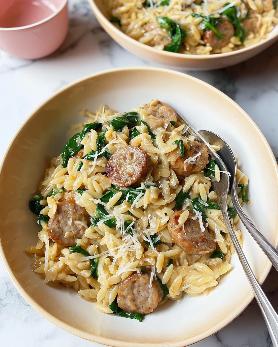 The dish is served in a white bowl with a light beige inside. The bottom layer is an orzo pasta, cooked and soft, showing a pale yellow color. Mixed throughout are medium-sized, round slices of sausage that are light brown with a slightly crispy texture. There are bright green spinach leaves mixed evenly throughout the orzo and sausage. Small bits of white onion pieces are scattered in between. The pasta is topped with a light sprinkling of finely grated white cheese. A shiny silver fork rests on the right side inside the bowl. The background shows part of another bowl with the same dish and a small light pink cup on a white marbled surface. Photo taken with an iphone --ar 4:5 --v 7