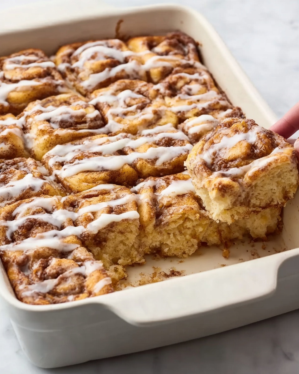 A white rectangular baking dish holds a baked cinnamon roll casserole with about three layers visible: the bottom layer is soft and light brown bread dough, the middle layer is swirled cinnamon sugar creating darker brown spiral patterns, and the top layer is golden-baked dough with a textured surface. White icing is drizzled unevenly over the top layer in thin lines, adding a smooth, glossy contrast. A woman's hand is reaching in from the right side to lift one square piece that has been removed, showing the fluffy inside. The dish sits on a white marbled surface. photo taken with an iphone --ar 4:5 --v 7