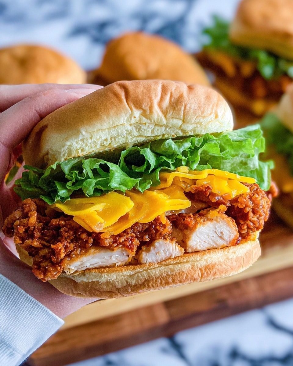 A close-up of a sandwich held by a woman's hand wearing a white sleeve, showing five layers. The bottom layer is a soft, light brown sandwich bun base. Above it is a thick piece of crispy fried chicken with a rough texture and golden brown color. Next is a melted yellow cheddar cheese slice that drapes softly over the chicken. Then, bright green fresh lettuce leaves rest slightly folded and crispy. The top is a soft, light brown sandwich bun top with a slightly uneven edge. The background has a wooden cutting board and more sandwiches blurred on a surface with a white marbled texture. Photo taken with an iphone --ar 4:5 --v 7