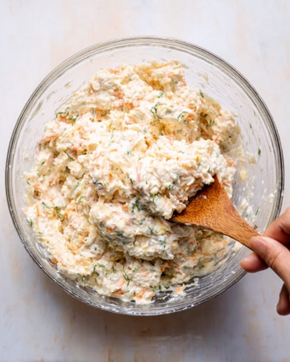 A clear glass bowl filled with a mixture that looks creamy and chunky, mostly white with light orange and green bits spread throughout. A wooden spoon is inside the bowl, partially covered in the creamy mixture. The bowl is set on a smooth white marble surface. A woman's hand is holding the spoon from the right side, lifting part of the mixture. The overall texture looks soft with small pieces mixed in. photo taken with an iphone --ar 4:5 --v 7