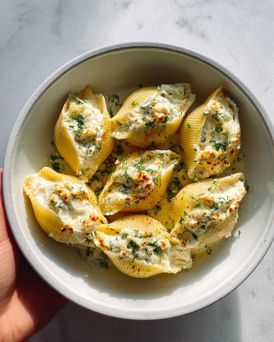 The image shows a white round bowl filled with seven stuffed pasta shells arranged closely together. Each pasta shell is yellow with a slightly browned top, filled with creamy white cheese and sprinkled with small bits of green herbs. The cheese appears smooth and creamy, melting slightly over the edges of the pasta. The background and surface under the bowl have a white marbled texture. A woman’s hand is holding the bowl from the left side. Photo taken with an iphone --ar 4:5 --v 7