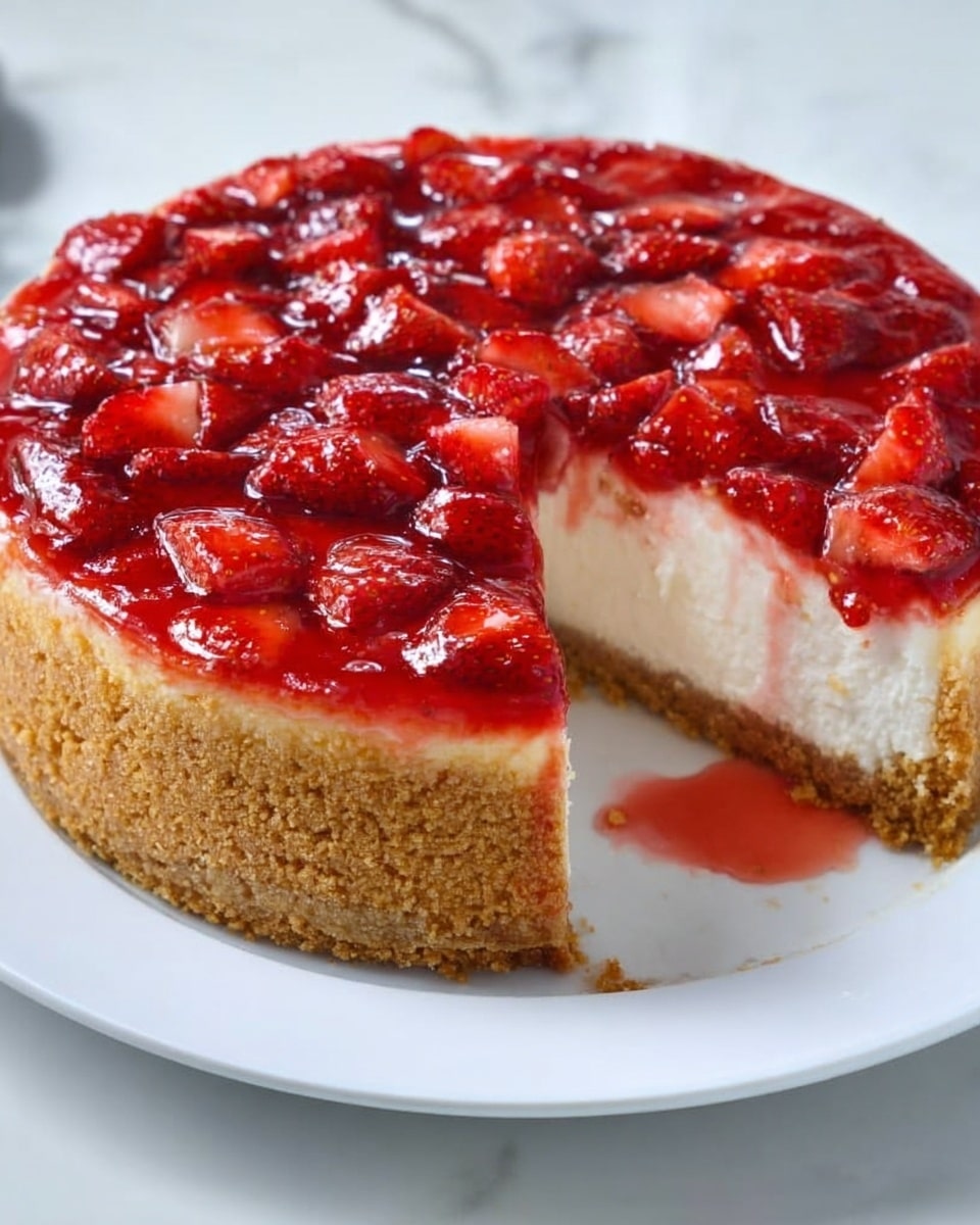 A round cheesecake is shown with a thick golden-brown crumb crust around the edges, a creamy white middle layer, and a top layer of glossy red strawberry glaze with many small, shiny strawberry pieces spread evenly. One slice is missing, revealing the creamy inside and some strawberry juice on the white plate below. The cheesecake sits on a white plate over a white marbled surface. photo taken with an iphone --ar 4:5 --v 7