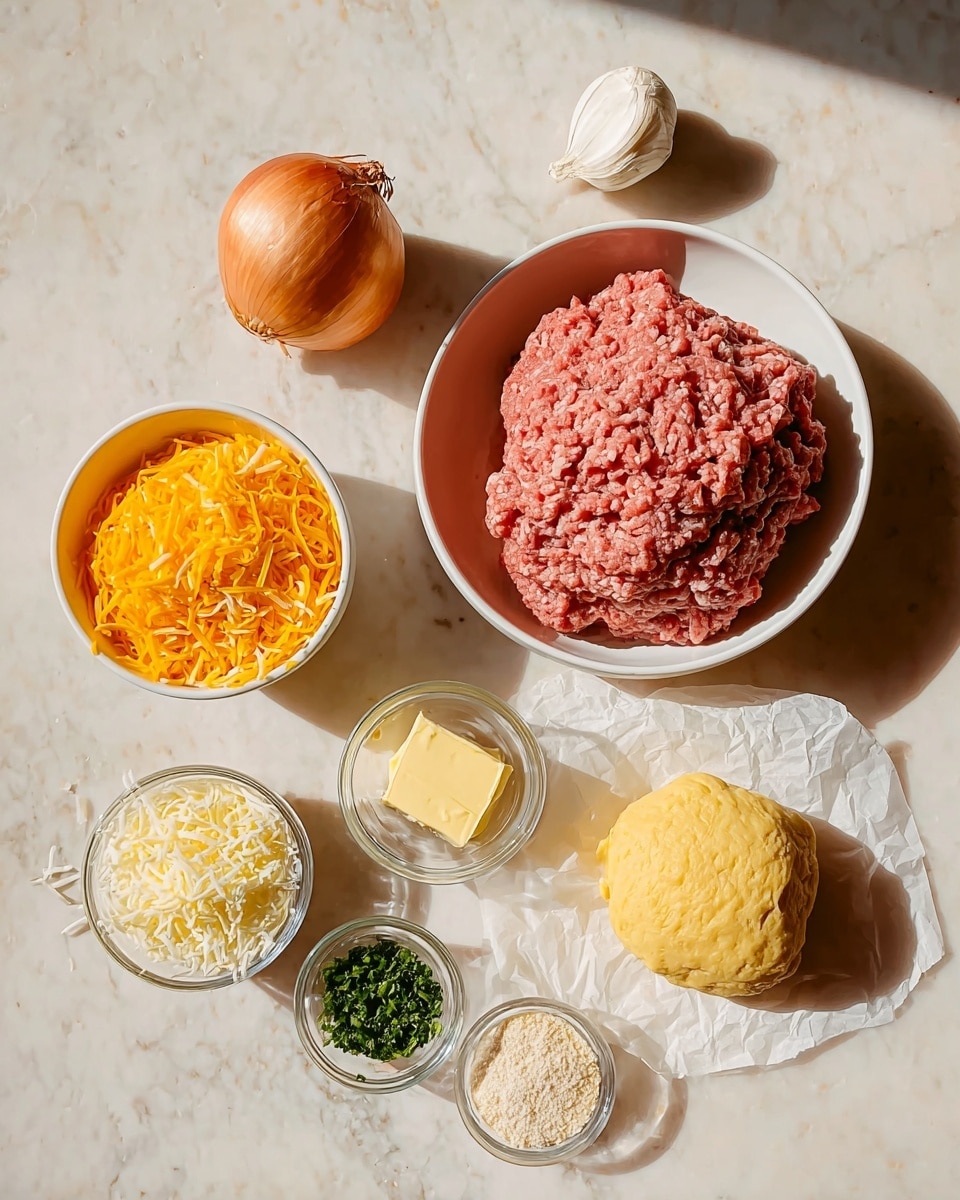 A white bowl filled with raw ground meat sits near the top center of the image, showing a rough, textured surface in a pinkish-red color. Below it, a whole brown onion is placed on a white marbled surface, with a peeled garlic clove nearby. To the left, there is a white bowl filled with bright orange shredded cheese. Below that, a smaller white bowl contains shredded white cheese with a stringy texture. To the right of these, a small glass bowl holds a chunk of pale yellow butter. Near the bottom, three tiny bowls are arranged vertically, holding coarse white salt, pale breadcrumbs, and chopped bright green herbs. On the right side, a ball of light yellow dough rests on a piece of parchment paper. The whole scene is brightly lit with strong shadows. photo taken with an iphone --ar 4:5 --v 7