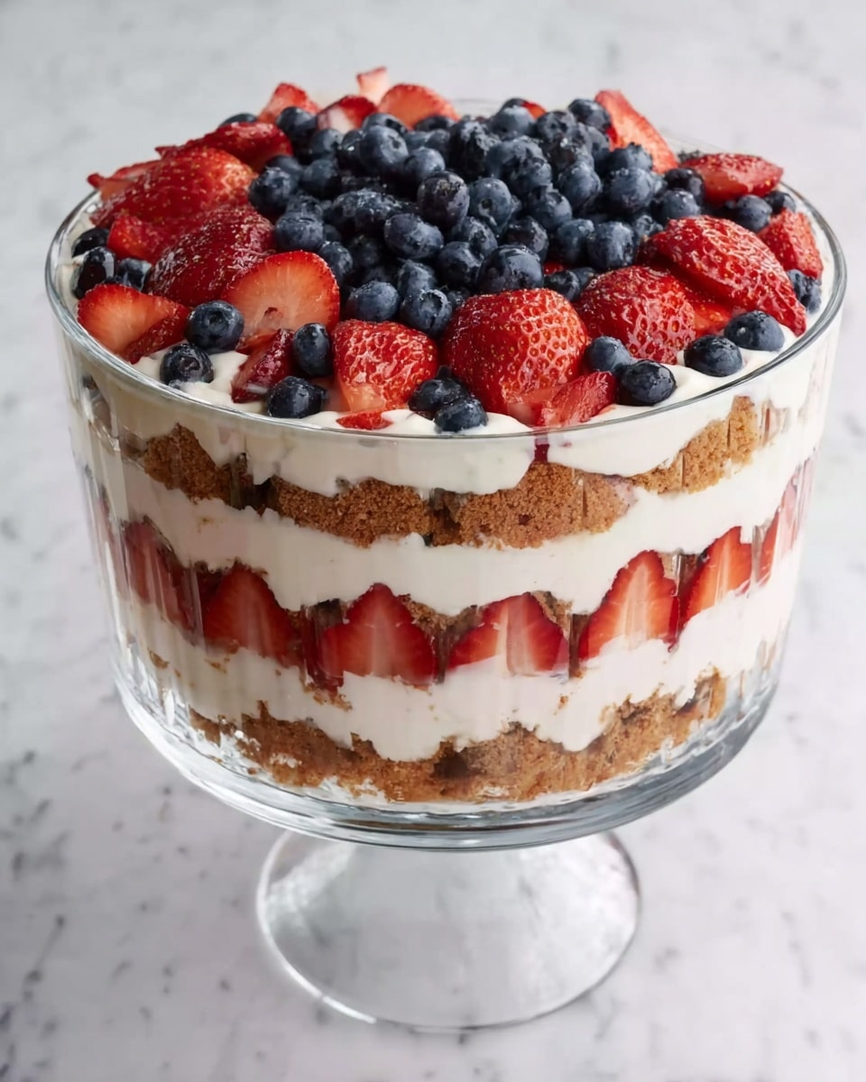 The image shows a clear glass trifle bowl with three main layers. The bottom layer is made of brown crumbly pieces, topped by a thick white creamy layer with slices of red strawberries pressed against the glass. Above this is another layer of crumbly brown pieces, then another thick white creamy layer with whole and sliced red strawberries pressed against the glass. The top layer is filled with a dense pile of dark blue blueberries. The bowl sits on a white marbled surface. photo taken with an iphone --ar 4:5 --v 7