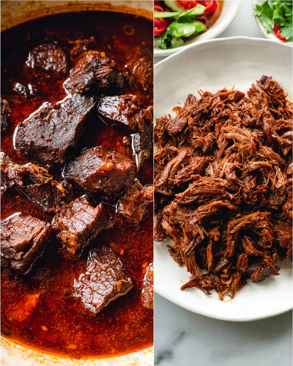 The image shows two dishes side by side on a white marbled surface. The left side has a close-up of large pieces of cooked meat in a thick, dark reddish-brown sauce that looks rich and glossy. The meat pieces have a slightly charred texture with deep brown and black tones. On the right side, there is a white plate filled with finely shredded meat. The meat is dark brown and appears tender with visible fibrous texture. Around the plate, small parts of additional dishes with fresh ingredients can be seen. photo taken with an iphone --ar 4:5 --v 7
