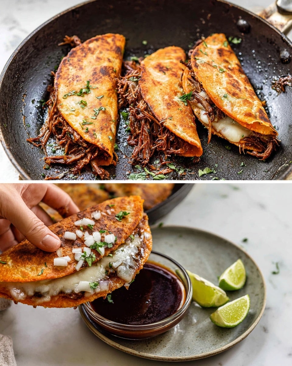 The image shows two crispy tacos cooking in a frying pan with a golden brown outer layer. Each taco is filled with stringy, dark shredded meat mixed with melted white cheese inside the browned tortilla shells. In the second part of the image, a woman's hand is holding one taco garnished with small white onion pieces and green herbs, dipping it into a small bowl of dark, glossy sauce on a white marbled surface. Additional tacos and lime slices are visible in the background on a round gray plate. Photo taken with an iphone --ar 4:5 --v 7