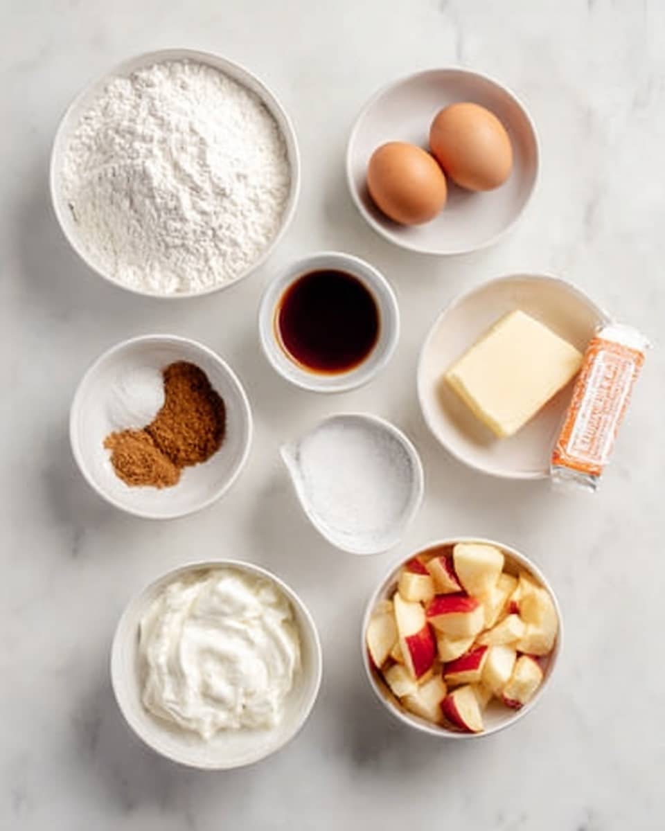 A top-down view of seven small white bowls arranged on a white marbled surface. One bowl contains white flour, another has two whole eggs, a third bowl holds a mixture of white sugar and brown sugar with a sprinkle of dark brown spice on top, a fourth bowl contains a small pool of dark brown liquid, likely vanilla extract, the fifth bowl is filled with soft white cream, and the last bowl holds chopped apple pieces with red skin and pale yellow flesh showing. A stick of butter wrapped in orange and white paper lies beside the bowls. Photo taken with an iphone --ar 4:5 --v 7