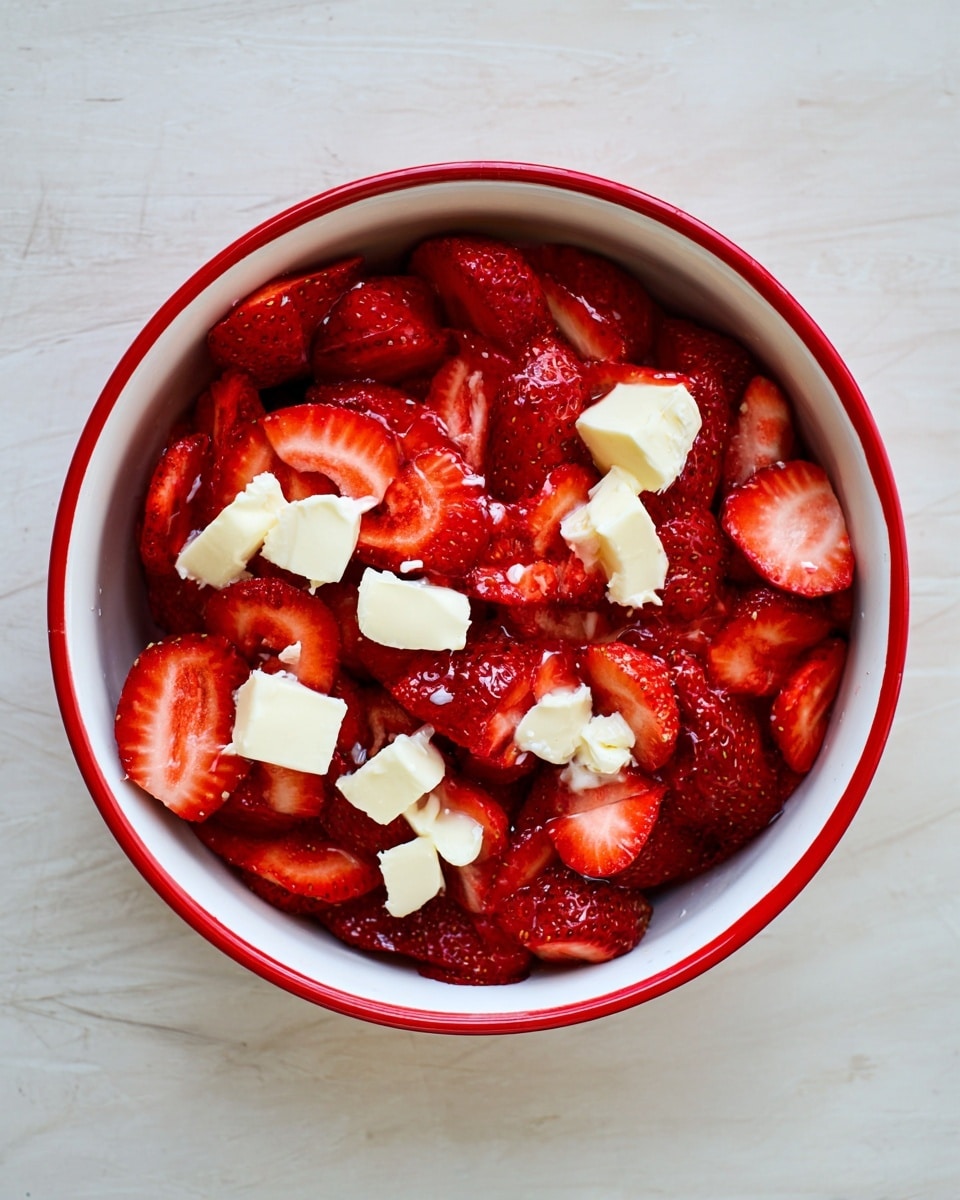 A round white bowl with a red rim is filled with many thin slices of red strawberries arranged in one even layer. On top of the strawberries, small uneven pieces of white butter are spread out, adding a soft texture and a light contrast to the bright red fruit. The bowl is placed on a white marbled surface, creating a clean and simple background. The strawberries look juicy and fresh, and the butter pieces have a smooth, creamy look. Photo taken with an iphone --ar 4:5 --v 7