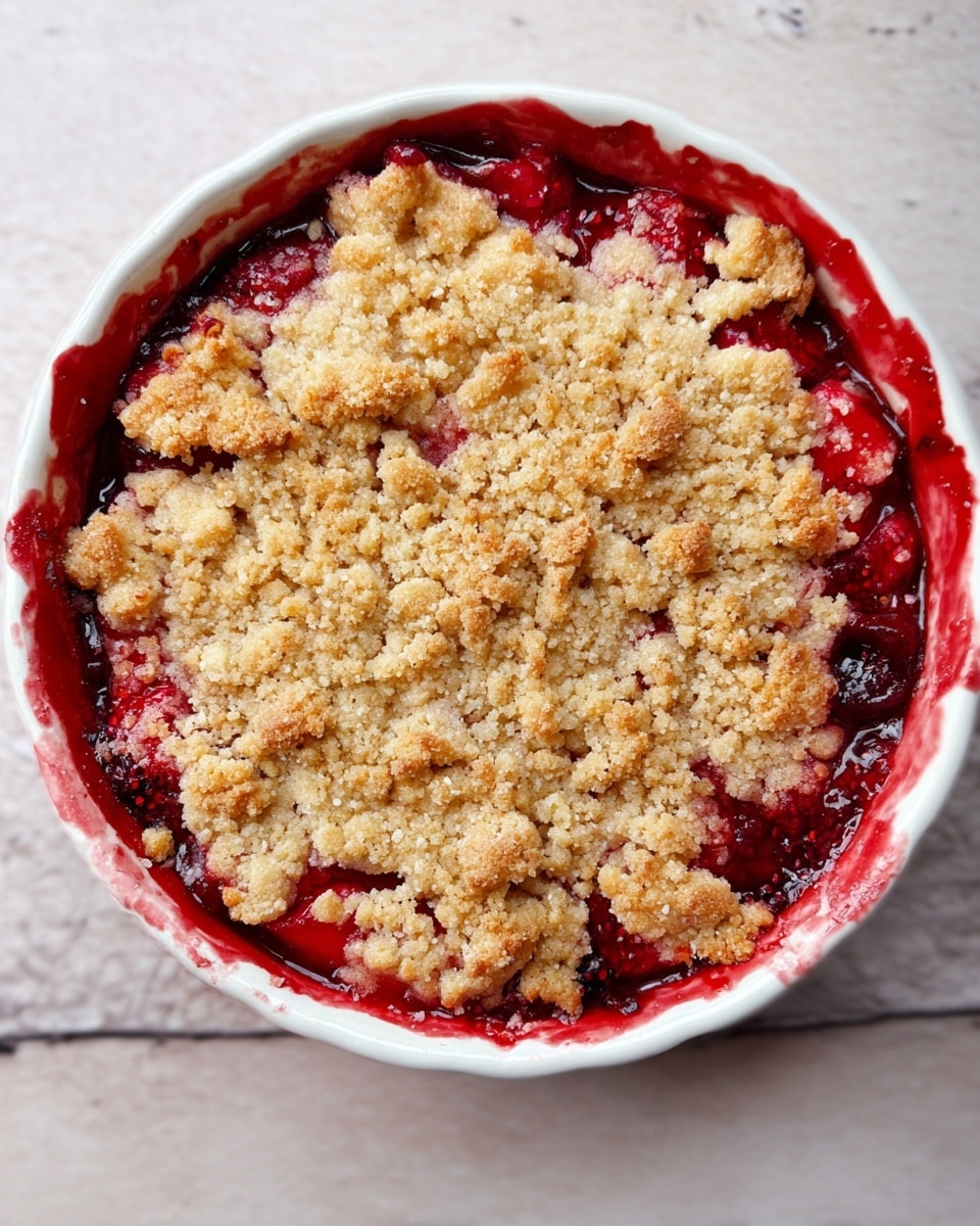 A round white ceramic dish filled with a baked fruit crumble showing two main layers: the bottom layer is a rich, deep red fruit filling with juicy, visible chunks, and the top layer is a thick, golden-brown crumbly topping with coarse, uneven pieces scattered unevenly. The fruit juices slightly bubble under the topping and seep near the dish edges. The dish sits on a white marbled surface. photo taken with an iphone --ar 4:5 --v 7
