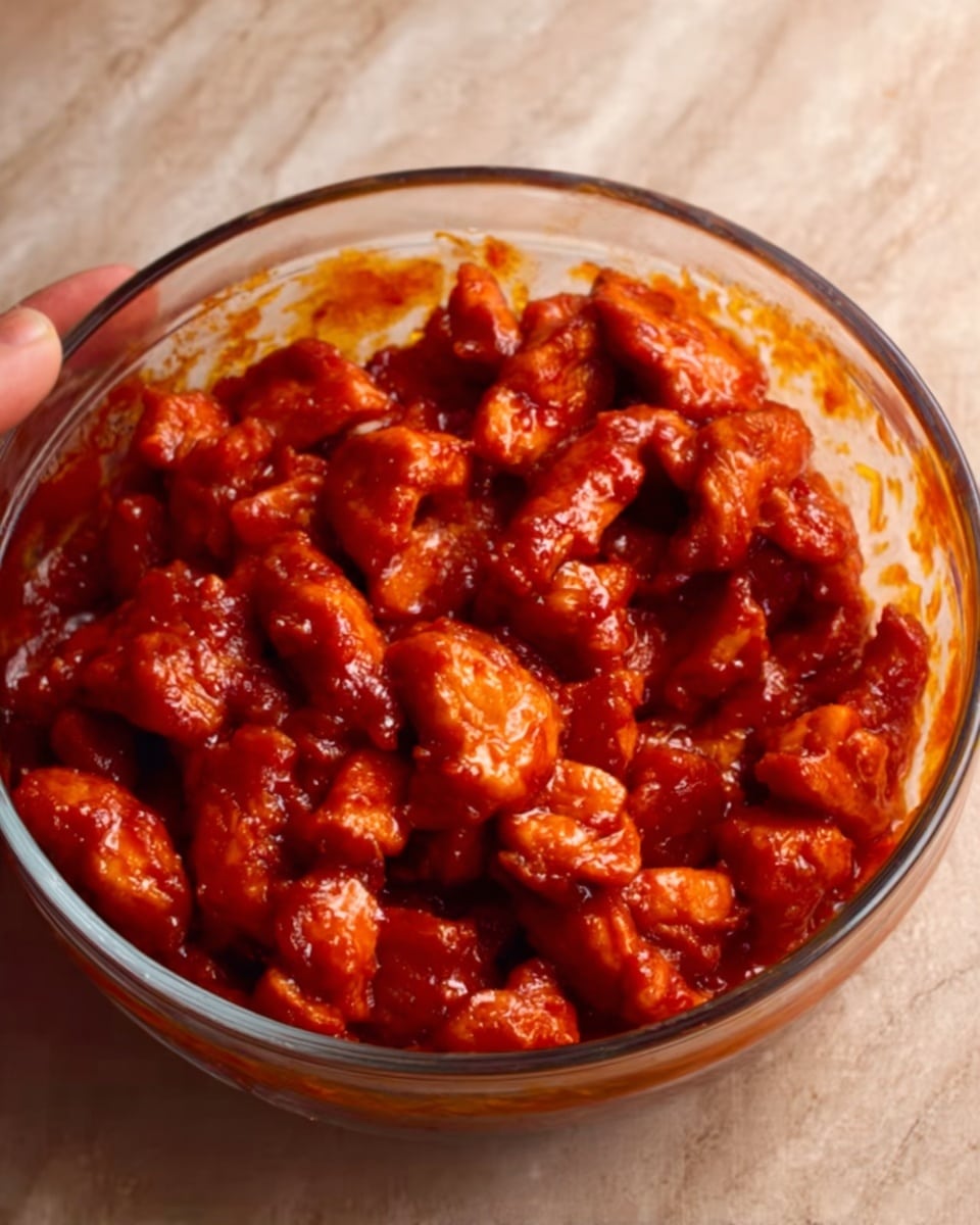 The image shows a clear glass bowl filled with pieces of chicken coated in a thick, bright red sauce. The chicken pieces are uneven but mostly small to medium in size, with the sauce giving a shiny, smooth texture that covers them all well. The bowl sits on a white marbled surface, and a woman’s hand is holding the bowl from the side. The overall look is rich, warm, and inviting with the sauce's vibrant color standing out clearly. Photo taken with an iphone --ar 4:5 --v 7