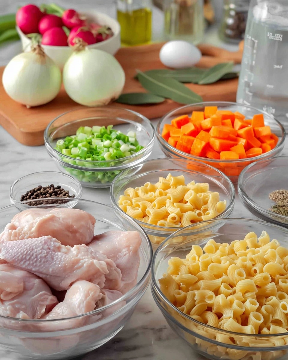 The image shows a white marbled surface with several clear glass bowls and a wooden cutting board holding fresh ingredients. In the front, there is one large bowl with raw chicken pieces that are pale pink with light skin, next to a bowl filled with dry elbow macaroni, pale yellow and curved. Behind them, there is a bowl filled with small orange carrot cubes and another with chopped green scallions. A small bowl with black peppercorns sits nearby. In the background, the wooden cutting board holds sliced garlic cloves, green celery stalks, bay leaves, and halved white onions. To the left, a glass bowl contains sliced red radishes, and a few whole white eggs are visible. A glass measuring jug filled with water is also present. The background has a soft light and some glass containers with liquids and herbs. photo taken with an iphone --ar 4:5 --v 7