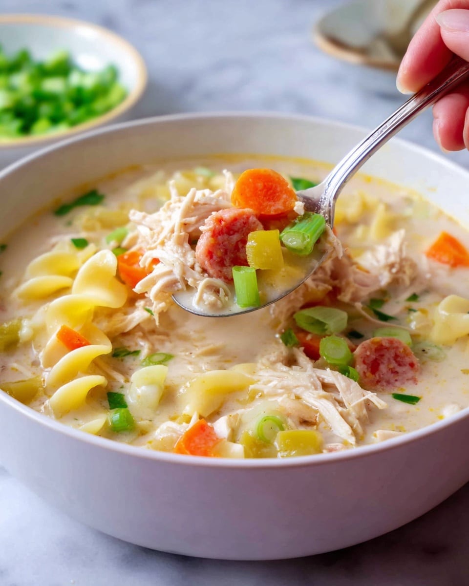 This image shows a white bowl filled with creamy chicken noodle soup with a close-up of a woman's hand holding a spoonful of the soup. The soup has a creamy light beige broth base with several layers: shredded light beige chicken, pale yellow elbow macaroni noodles, small orange carrot cubes, bright green chopped scallions, light green celery pieces, and bright red slices of sausage spread throughout. The spoon contains a mix of all ingredients lifted above the bowl. The bowl sits on a white marbled surface. Photo taken with an iphone --ar 4:5 --v 7