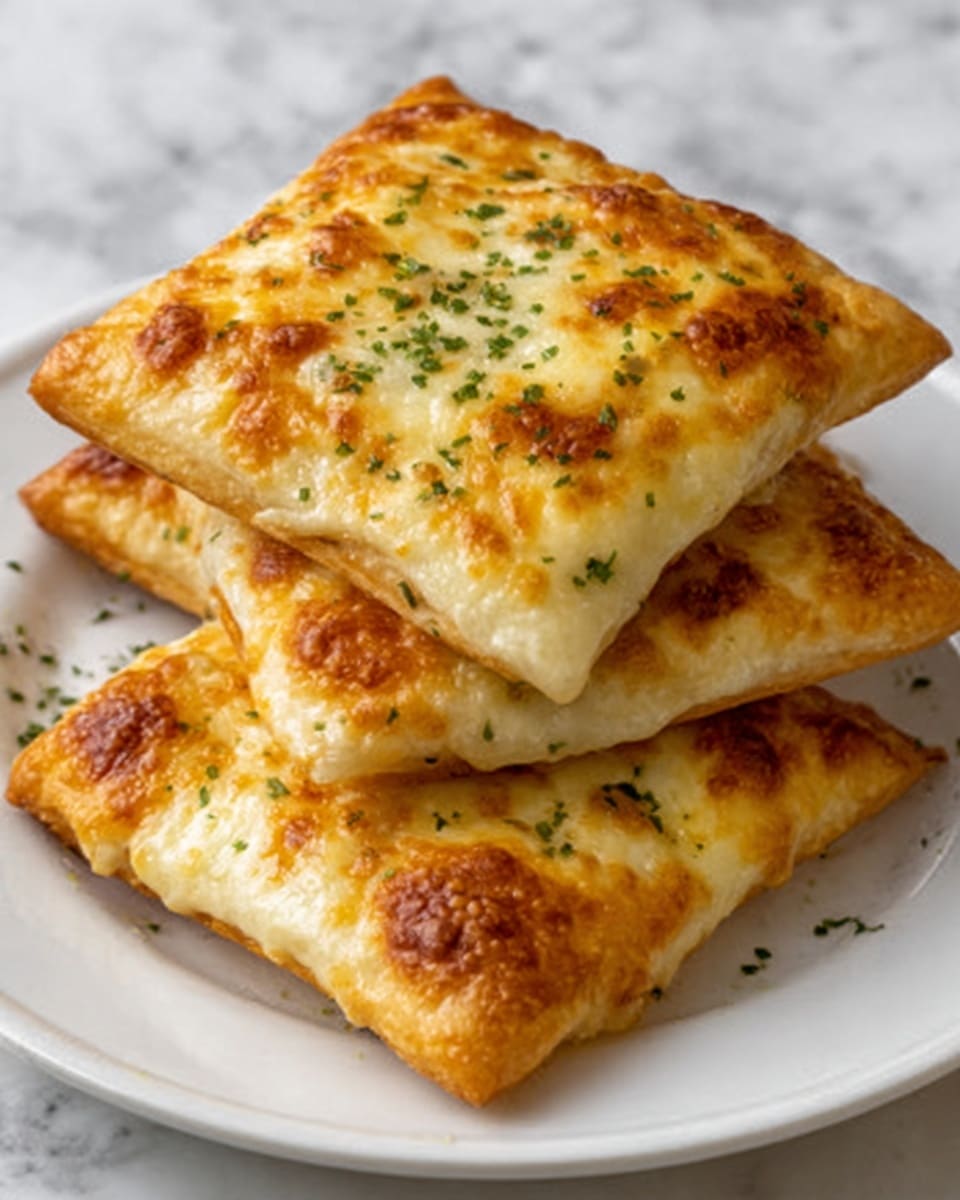 The image shows four square-shaped baked pastries stacked on a white plate, each with a golden brown top layer covered in melted cheese that has slightly browned spots. On top of the cheese, there are small green herb sprinkles evenly spread. The pastry edges are crisp and slightly puffed, with a light golden color. The plate sits on a surface with a white marbled texture. photo taken with an iphone --ar 4:5 --v 7