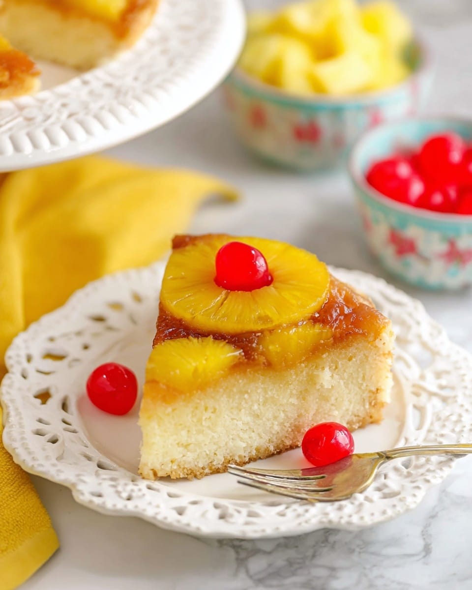 A slice of pineapple upside-down cake sits on a white decorative plate. The cake has two visible layers — a creamy light yellow base and a glossy top layer. On top, there are three golden yellow pineapple rings with a red cherry placed in the center of each ring, and one cherry anchored between layers on the edge. To the right side of the plate, a silver fork rests slightly touching the cake slice. The background shows a white marbled surface, a yellow cloth, and blurred bowls of pineapple pieces and cherries. Photo taken with an iphone --ar 4:5 --v 7