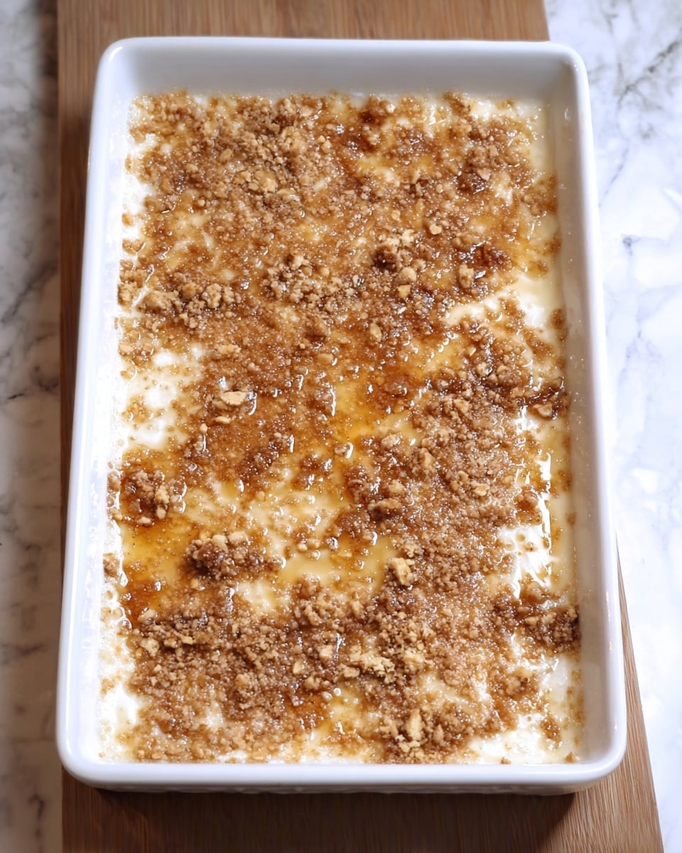 The image shows a rectangular white dish filled with a baked dessert that has two visible layers. The bottom layer is creamy and light beige, while the top layer consists of small, uneven brown crumbs mixed with small bits of crushed nuts evenly spread across the surface. There are shiny spots on top showing a thin layer of syrup or glaze, giving the dessert a glossy look. The dish sits on a white marbled surface, and the edges of the dessert are clearly visible inside the dish. photo taken with an iphone --ar 4:5 --v 7