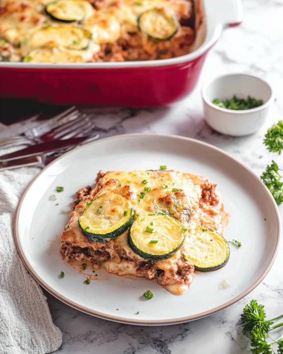 The image shows a white plate with a serving of baked casserole that has three visible layers. The bottom layer is a mix of browned ground meat with some sauce, above it is a layer of melted cheese that is golden and bubbly, and the top layer has green zucchini slices scattered on top. The casserole is sprinkled with small green herb pieces for garnish. In the background, there is a red baking dish filled with more casserole on a white marbled surface. Nearby are a small white bowl of green herbs, a silver fork and knife, and a white cloth with a sprig of parsley. The lighting is bright and natural, giving the food a warm and fresh appearance photo taken with an iphone --ar 4:5 --v 7