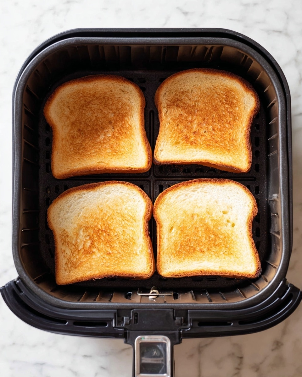 The image shows four slices of toasted bread inside a black air fryer basket. Each slice is golden brown with an even toasted texture and is placed in a neat 2 by 2 grid. The air fryer basket has a grid pattern at the bottom, and the handle is visible at the front. The setting is on a white marbled surface. photo taken with an iphone --ar 4:5 --v 7