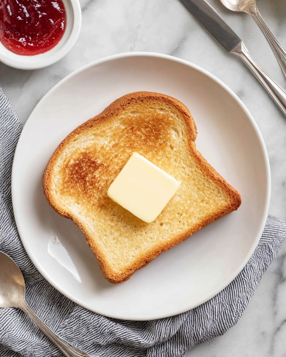 A single slice of toasted bread with a golden brown color and slightly crispy texture lies flat on a white plate. On top of the toast, at the center, is a square piece of pale yellow butter that looks smooth and solid. The plate is placed on a surface with a white marbled texture. Nearby, there is a small white bowl with red jam, a silver spoon, and a silver knife along the edge of the frame. A gray and white striped cloth is partially visible beside the plate. photo taken with an iphone --ar 4:5 --v 7