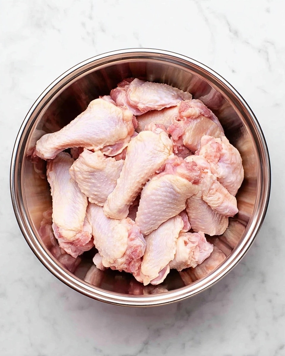 A top view of a shiny silver metal bowl filled with raw chicken wings, showing a mix of pale pink and white skin and flesh. The chicken pieces are piled evenly, with some wings showing the drumette and others the wingette part. The bowl sits on a white marbled surface that adds a soft contrast to the raw meat. photo taken with an iphone --ar 4:5 --v 7