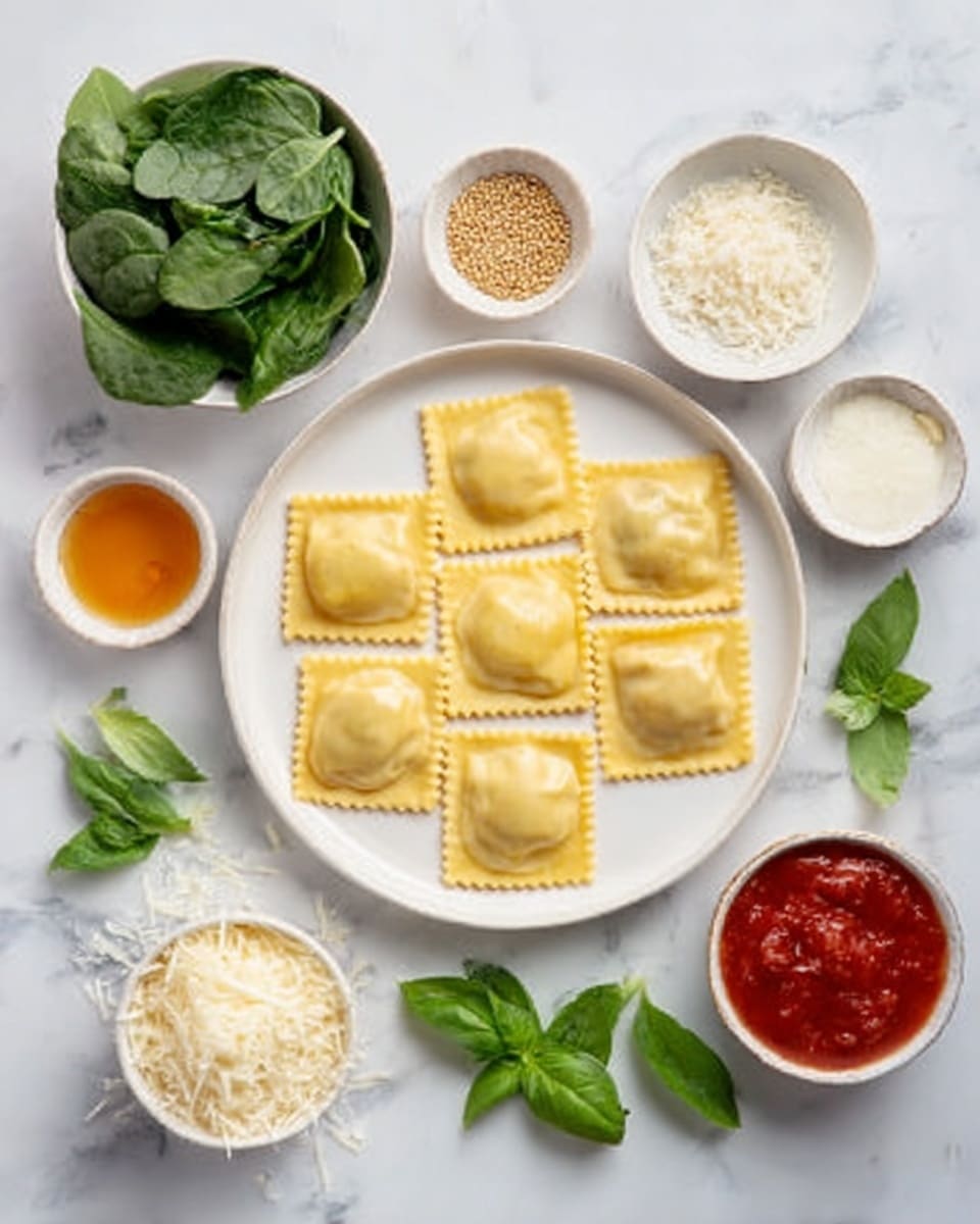The image shows a white plate with six square ravioli in the center, each with crimped edges and a light yellow color. Surrounding the plate are several small round white bowls containing different ingredients: fresh green spinach leaves at the top left, a small bowl of light brown mustard seeds and a bowl of white salt at the top right. Near the bottom left, there is a small bowl of grated white cheese and a small bowl of amber-colored honey or syrup. At the bottom right, there are fresh green basil leaves, a small bowl of red tomato sauce, and a small bowl of white cream or sauce. A woman's hand is gently holding a bowl of spinach at the top left corner. The surface is white marble. photo taken with an iphone --ar 4:5 --v 7