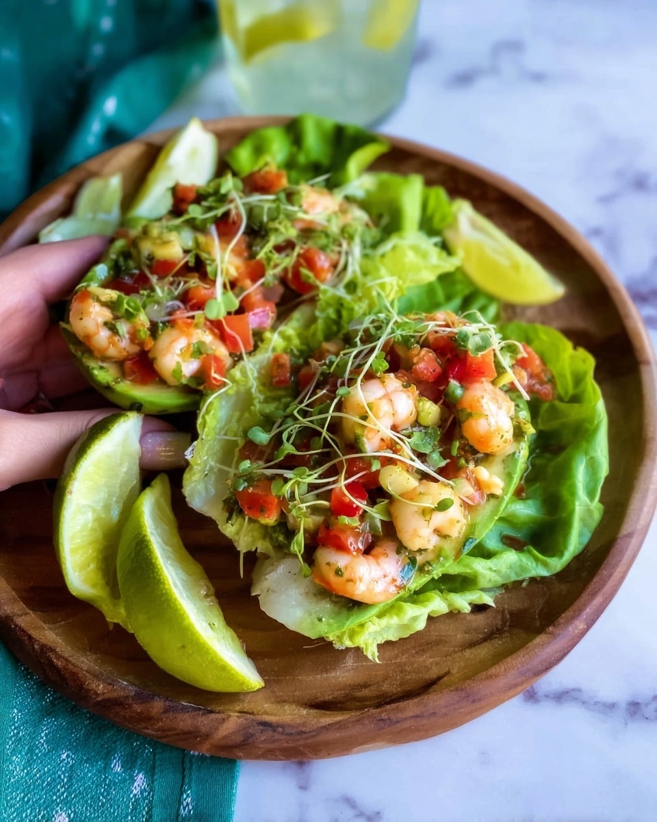 The image shows a round wooden plate on a white marbled surface with green lettuce leaves forming a base layer. On top of the lettuce, there are avocado halves filled with a colorful mix of small shrimp pieces, red diced tomatoes, and chopped green herbs, looking fresh and juicy. Lime wedges are placed around the avocado, adding a bright yellow-green contrast. Some delicate green sprouts are sprinkled over the top, giving a fresh and light texture. A woman's hand is holding a piece of the dish gently from the side. Photo taken with an iphone --ar 4:5 --v 7