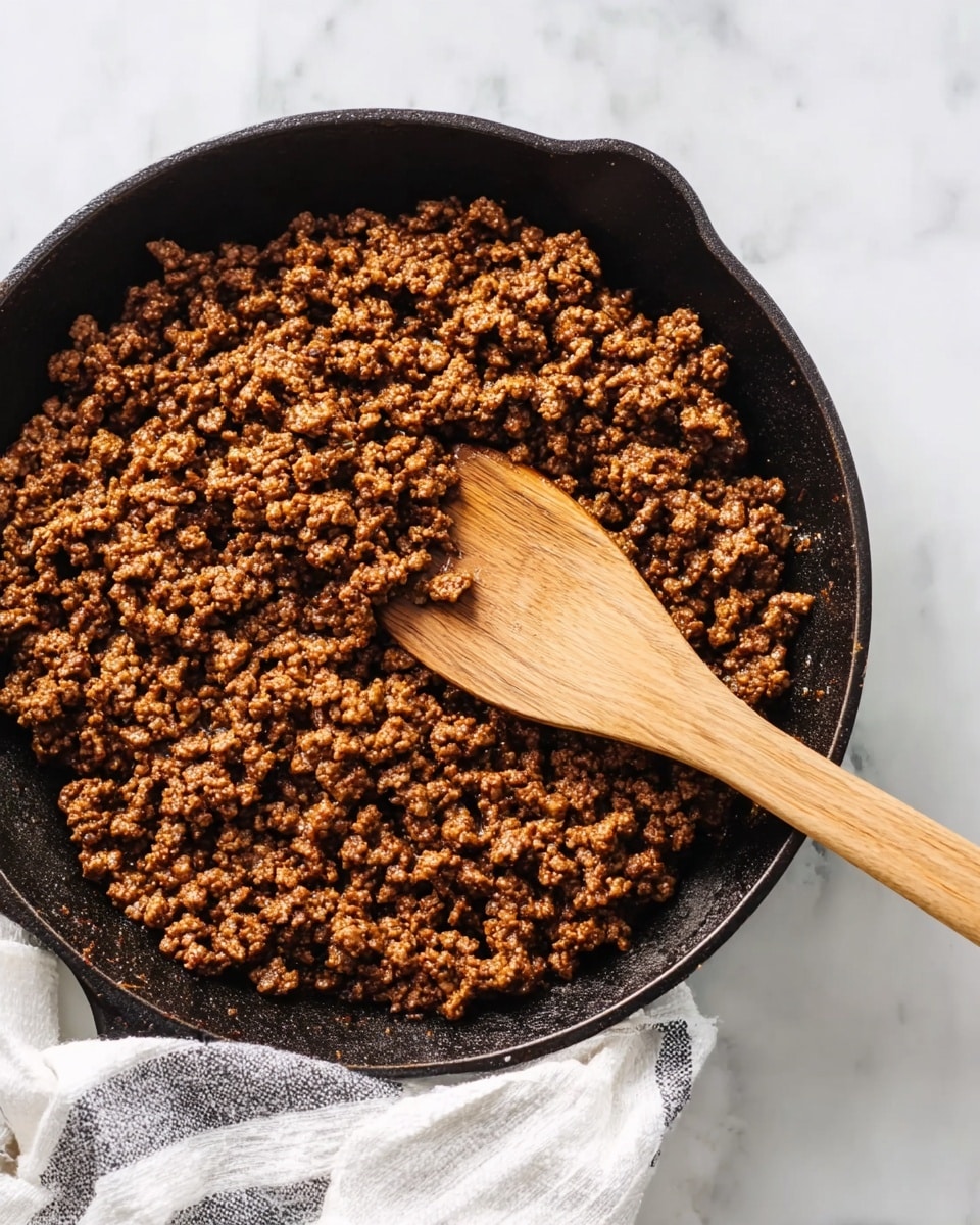 A black cast iron pan filled with cooked browned ground meat, showing a crumbly texture and even cooking with various shades of brown. A wooden spatula with a smooth light brown handle rests partly buried in the meat, slightly lifting some bits. The pan is placed on a white marbled surface, and there is a white cloth with a gray striped pattern under the pan's handle. photo taken with an iphone --ar 4:5 --v 7